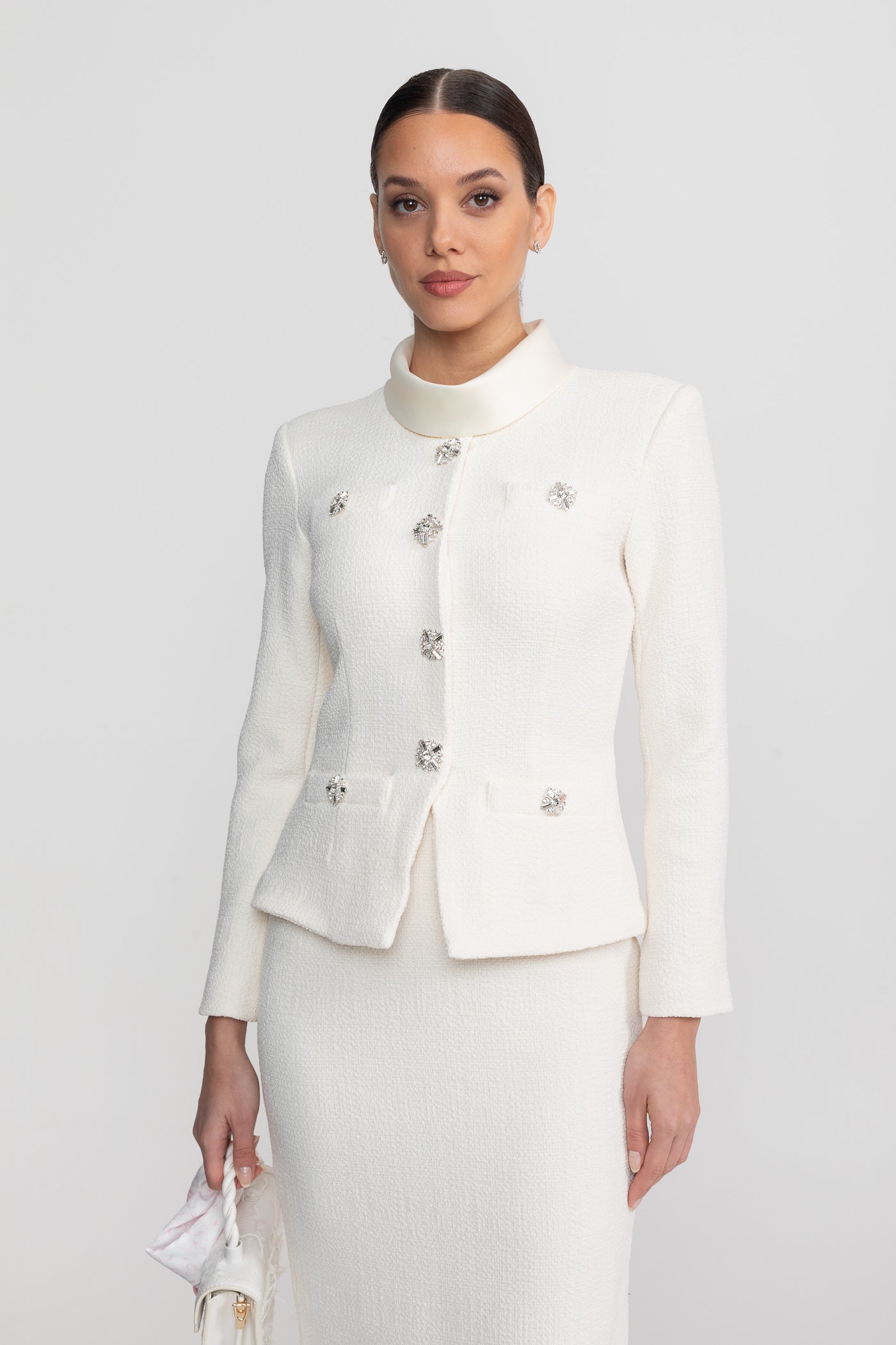 Ensemble coordonné texturé avec veste à col montant et détail de boutons en cristal - Blanc 