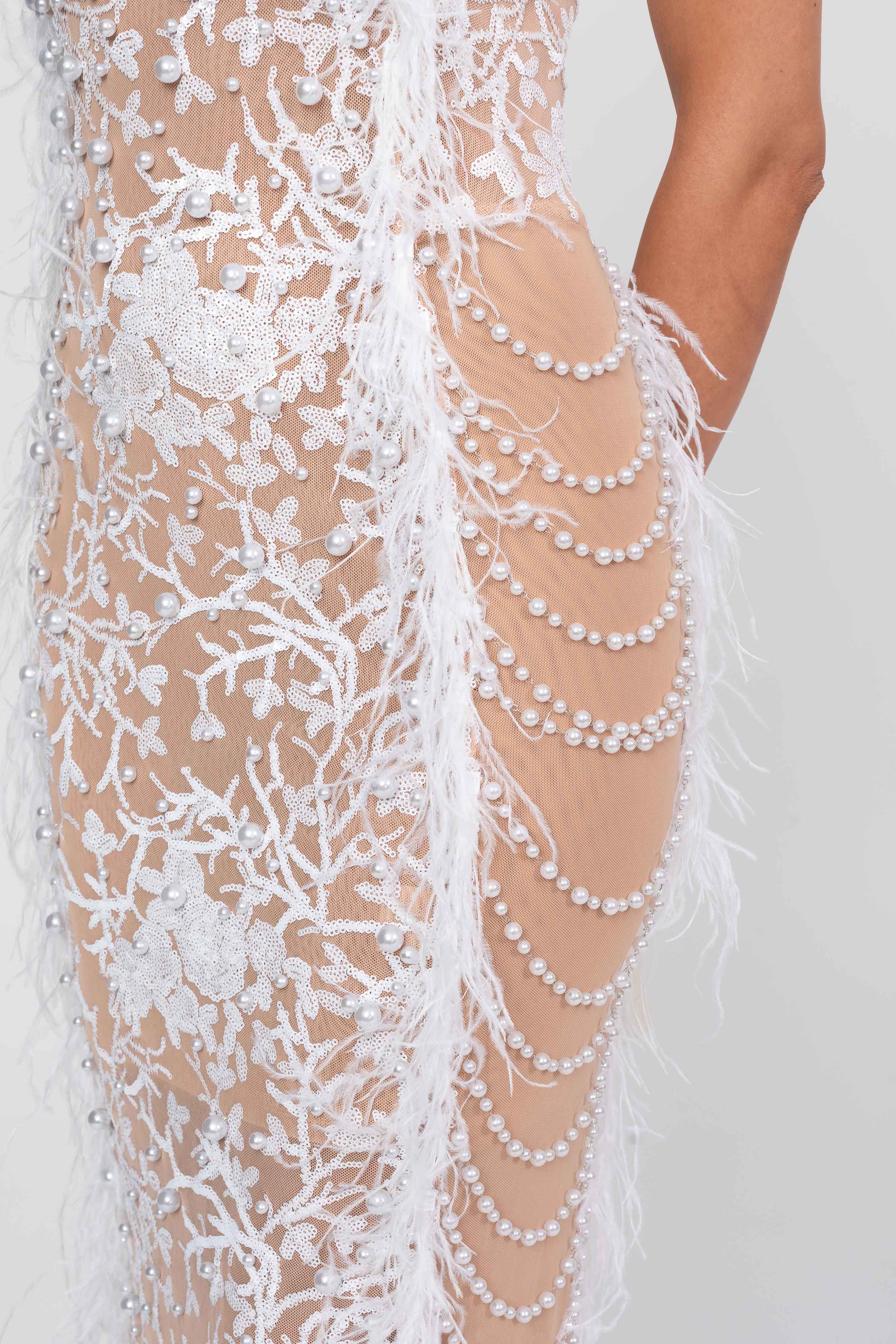 Feather Trim Beaded Lace Gown With Pearl Straps - White