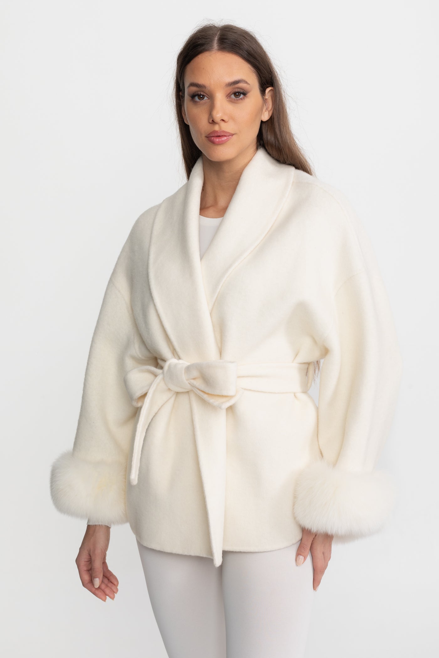 Veste portefeuille en mélange de laine avec poignets en fourrure de renard - Ivoire 