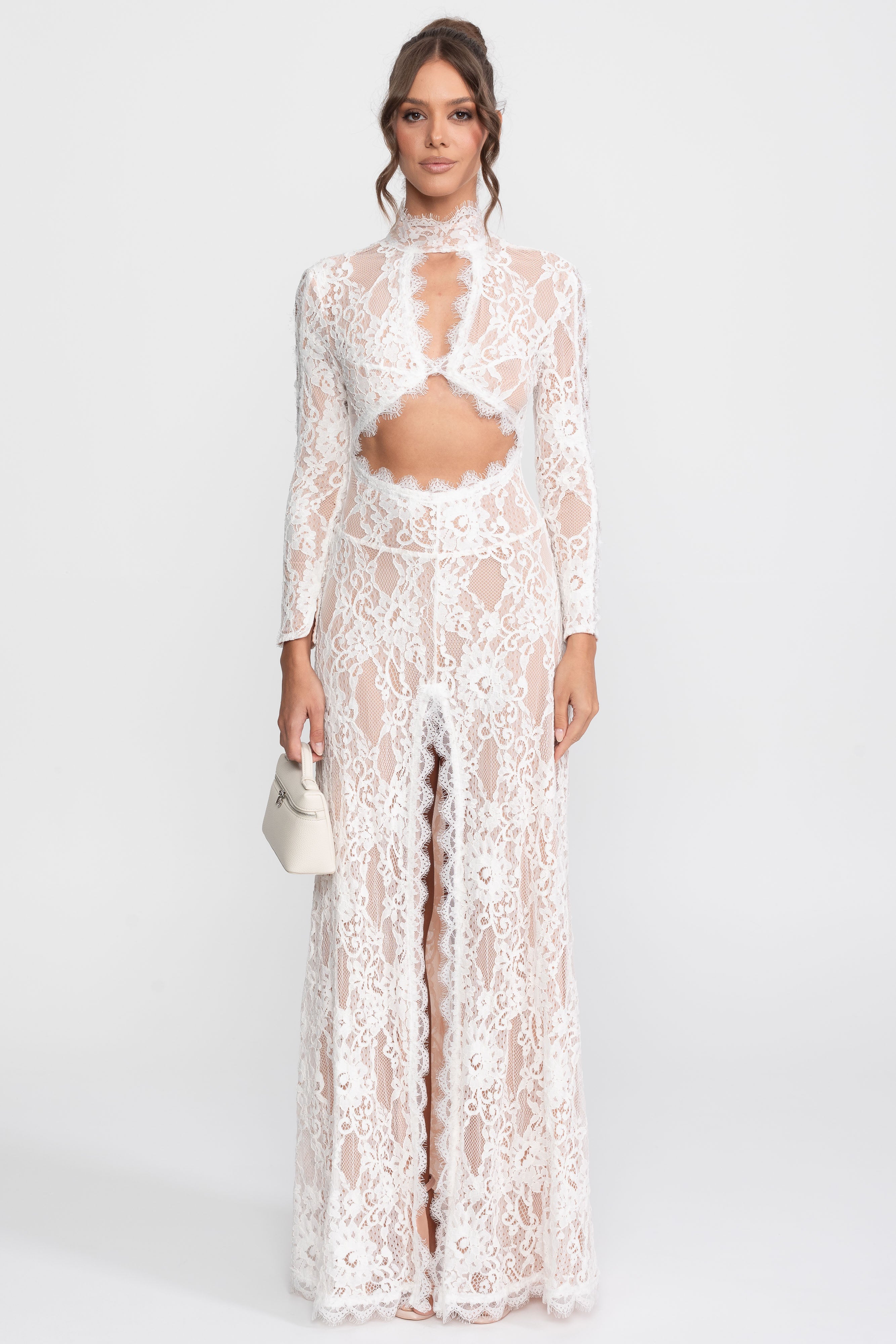 Robe élégante en dentelle avec col montant, découpe frontale et fente - blanc 