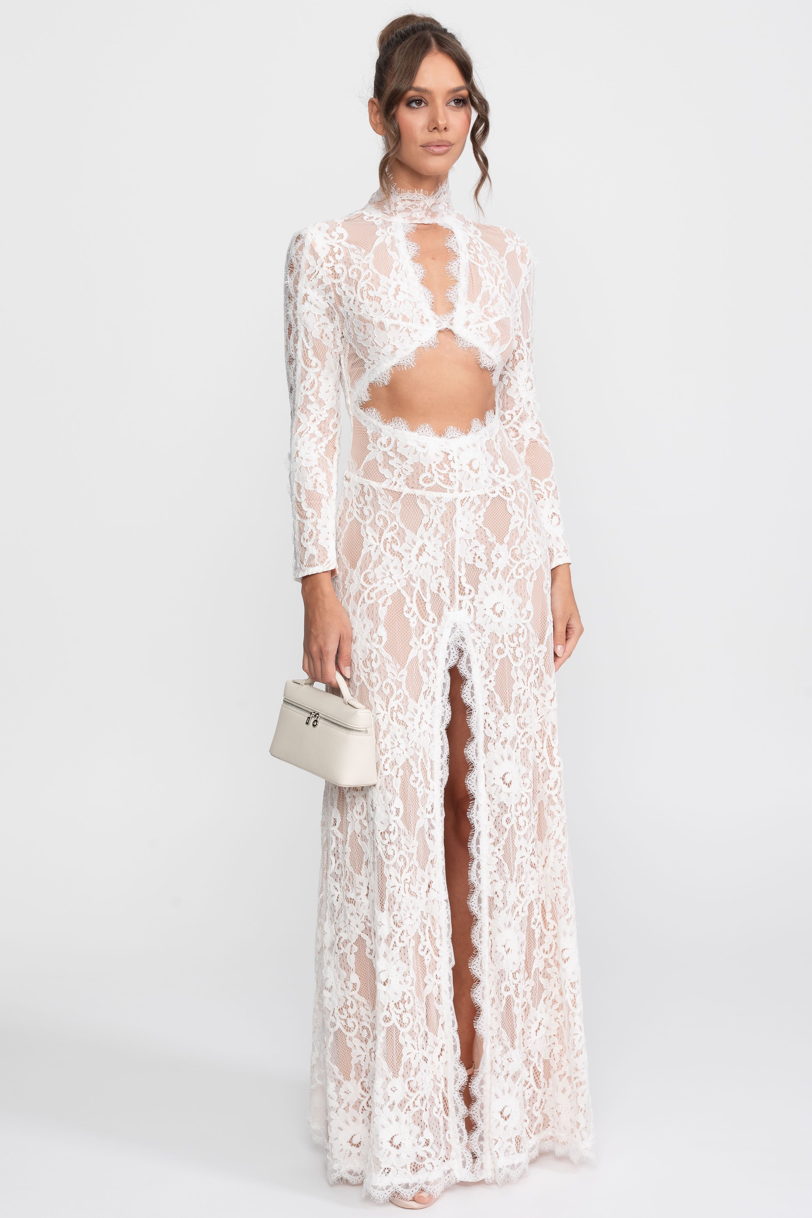 Robe élégante en dentelle avec col montant, découpe frontale et fente - blanc 