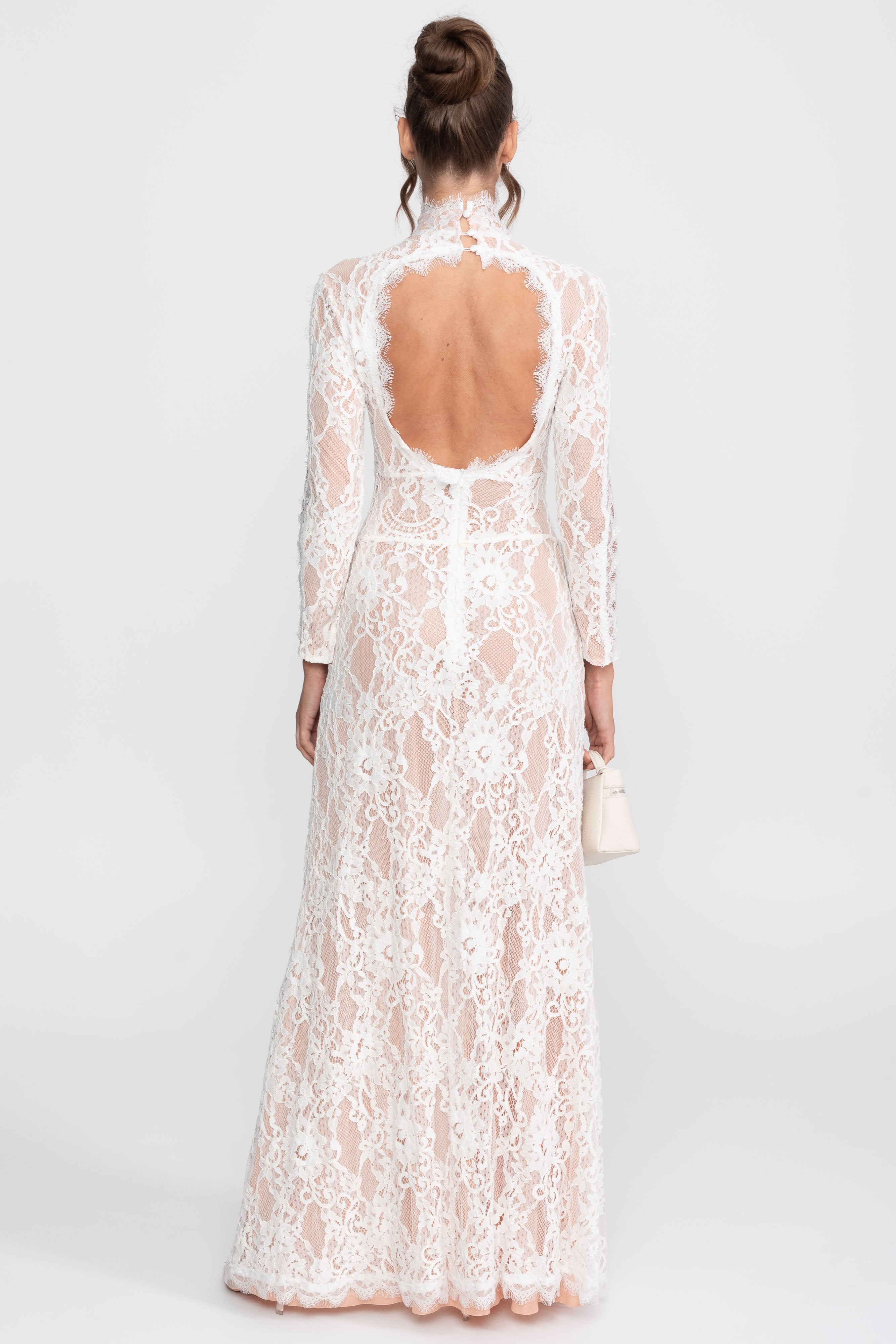 Robe élégante en dentelle avec col montant, découpe frontale et fente - blanc 