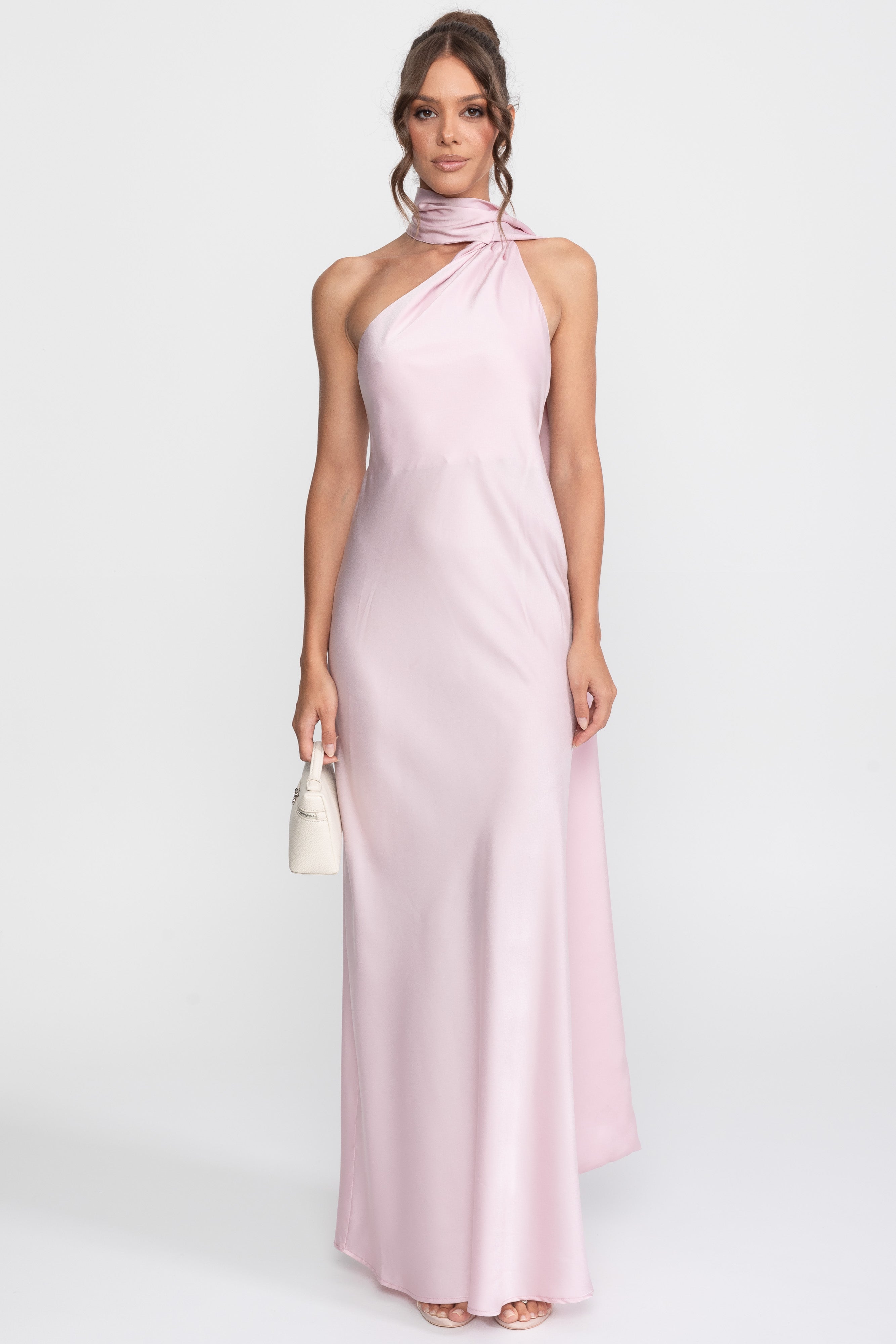 Robe slip en satin à col halter twist avec encolure asymétrique - Rose 