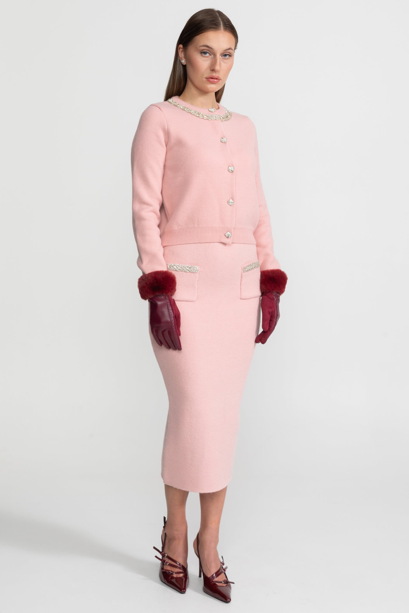 Ensemble coordonné en maille orné – Rose blush 