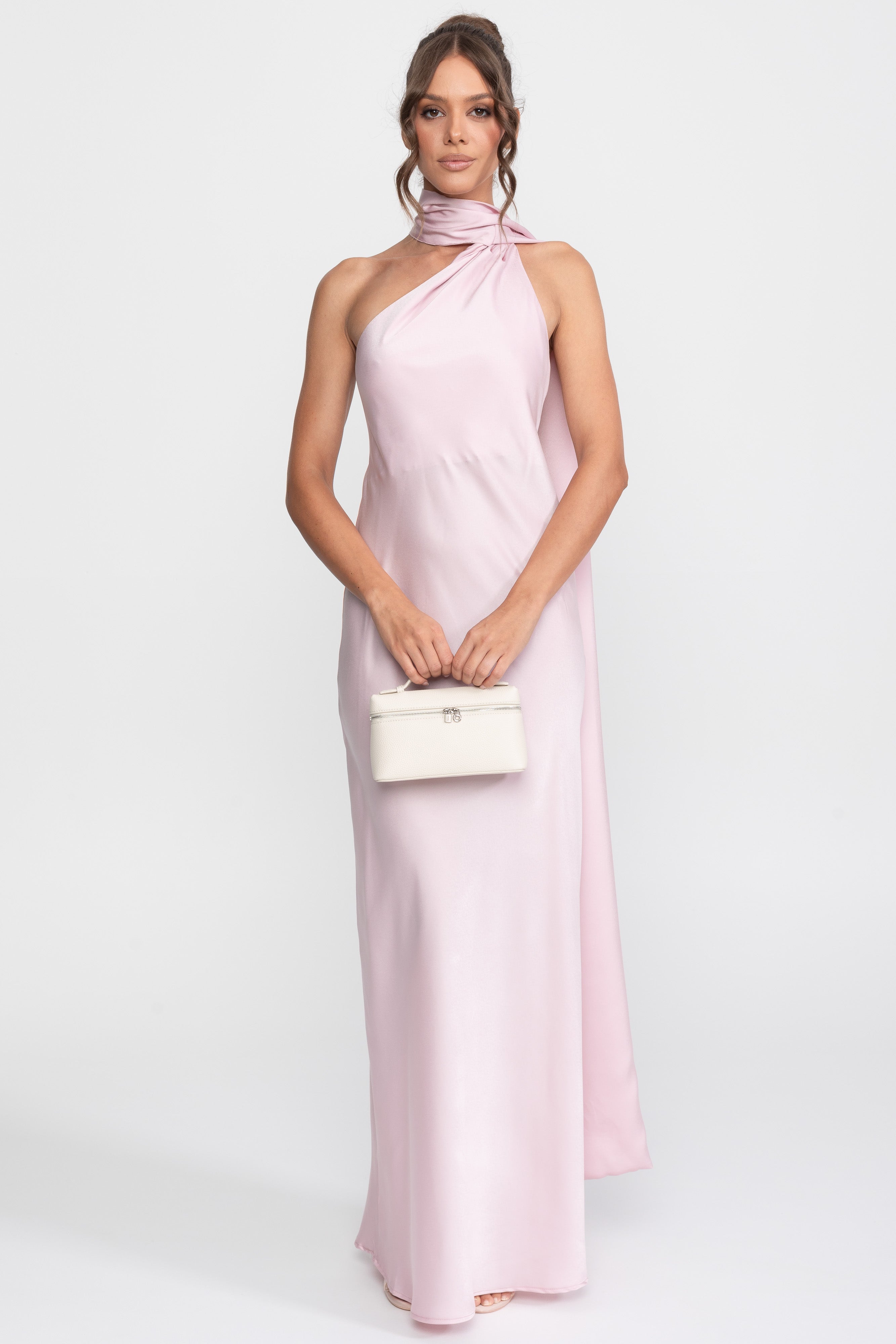 Robe slip en satin à col halter twist avec encolure asymétrique - Rose 