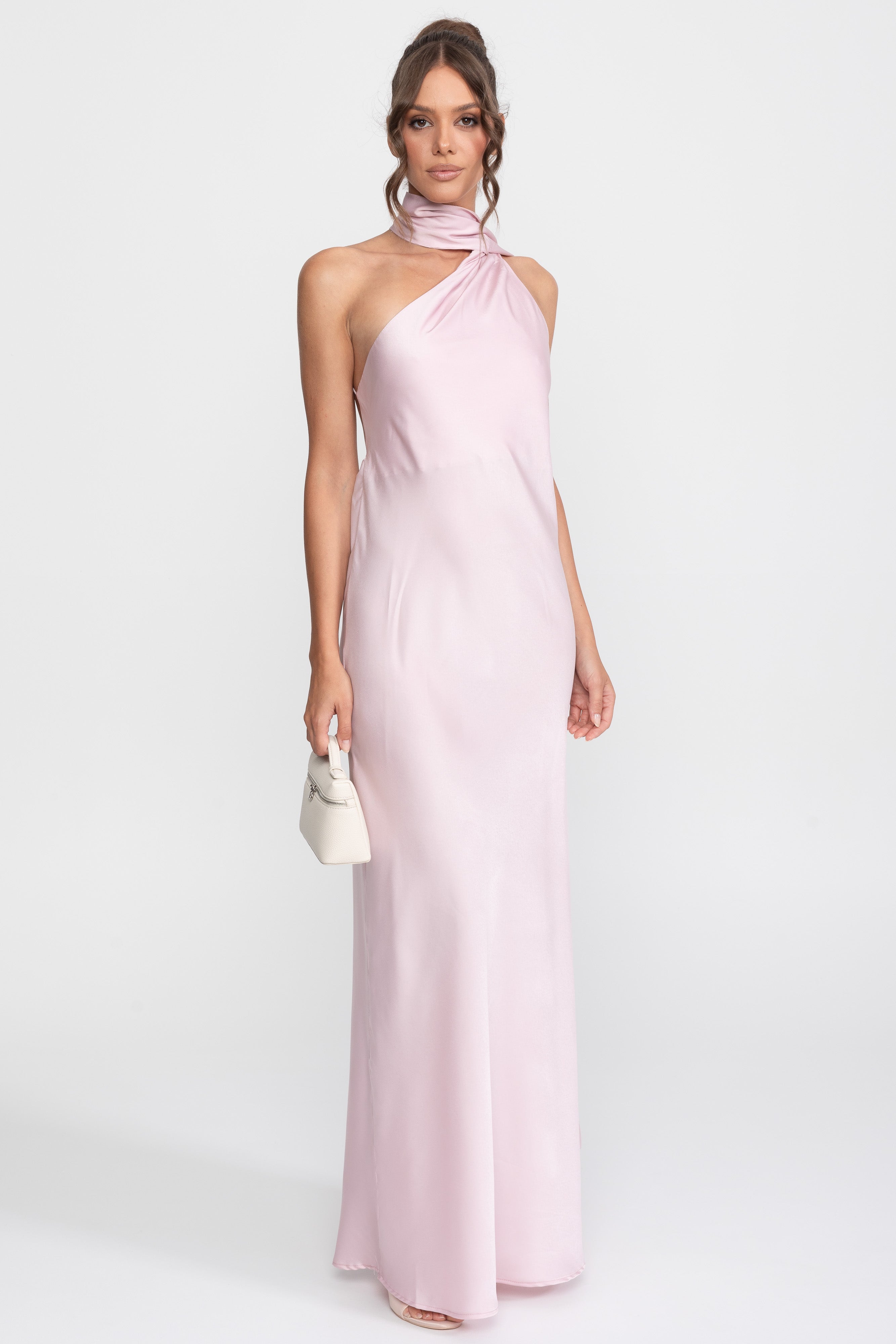 Robe slip en satin à col halter twist avec encolure asymétrique - Rose 