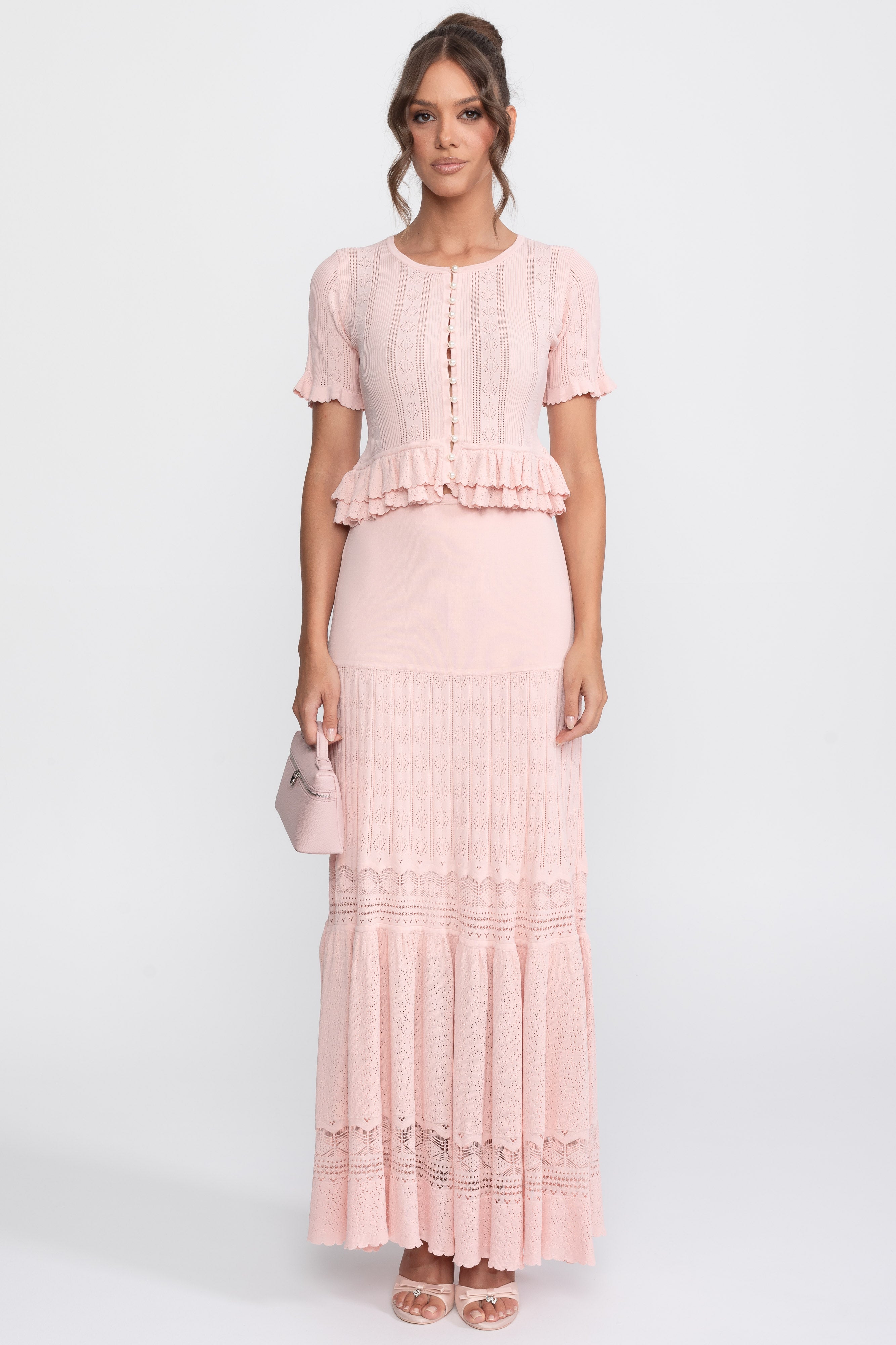 Two-Piece Knit Co-Ord Set With Ruffled Waist - Pink