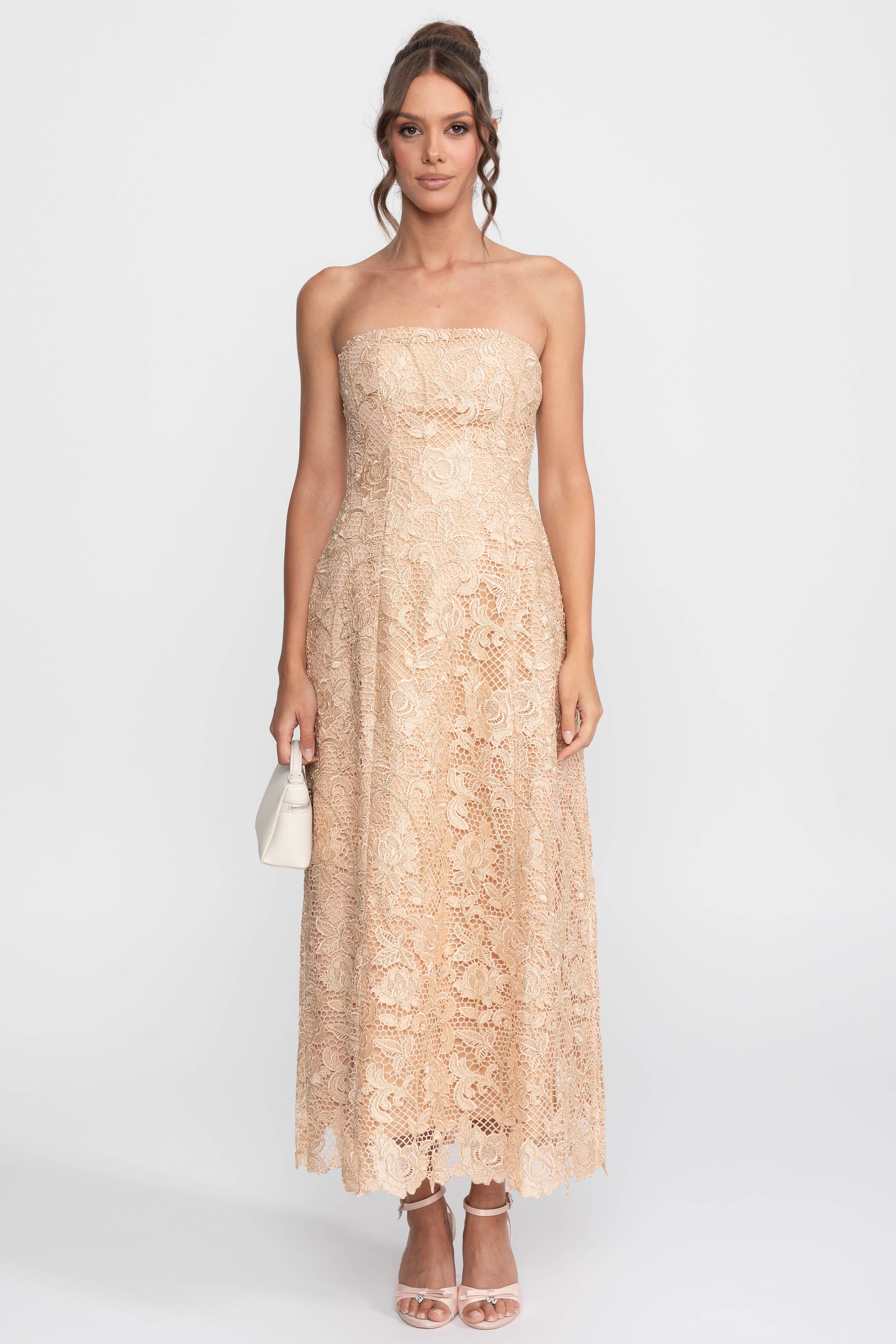 Robe de bal en dentelle florale sans bretelles avec jupe ample en A - Or 