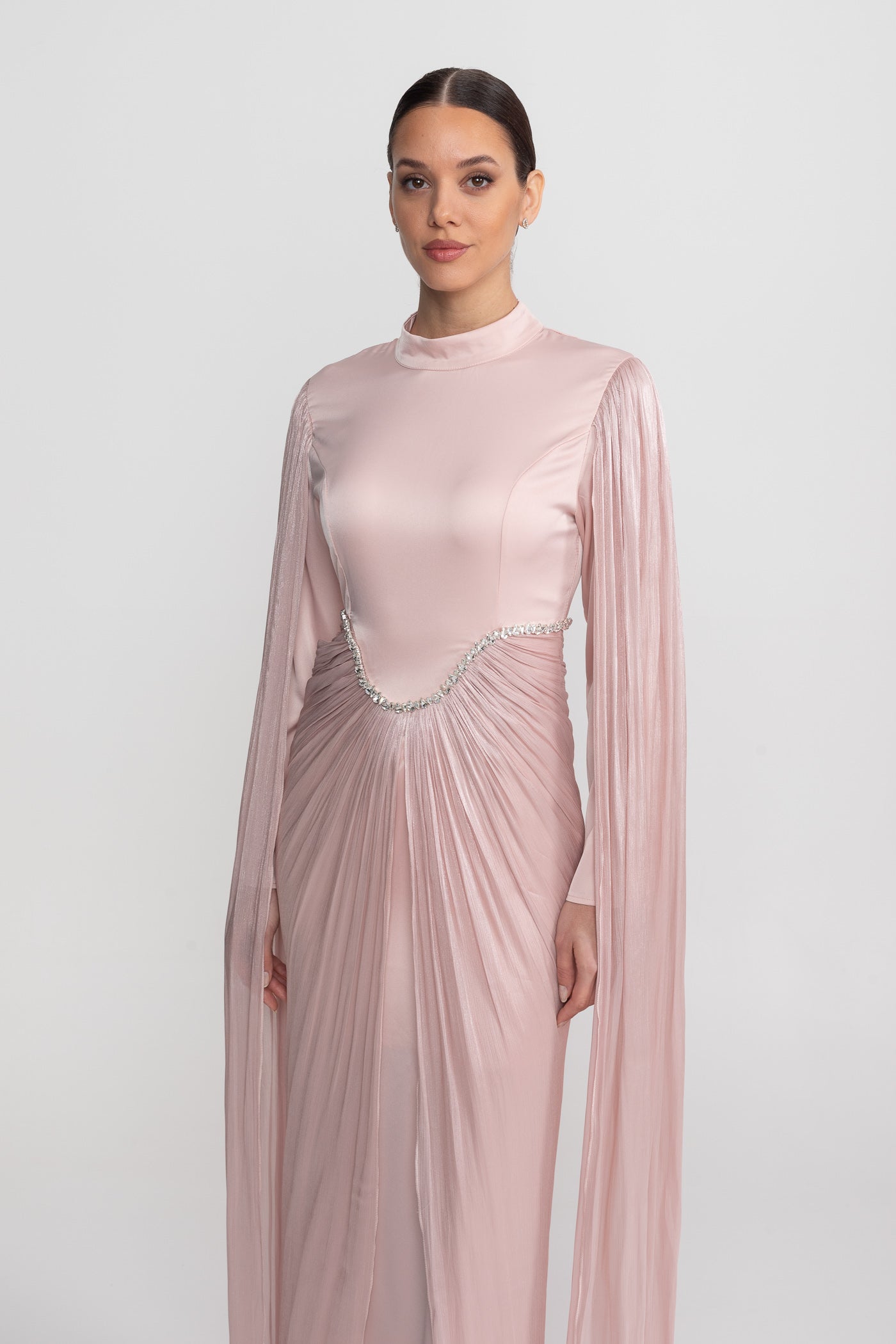 Long Sleeve Maxi Dress With Draped Overlay And Crystal Waist Trim - Blush Pink