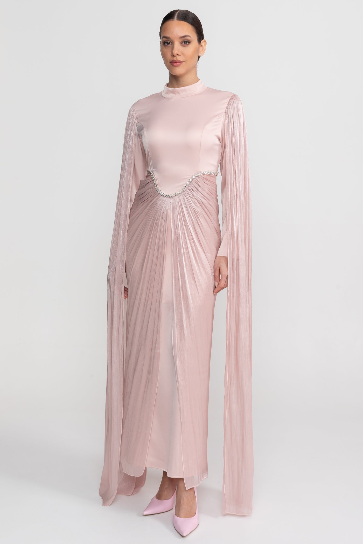 Long Sleeve Maxi Dress With Draped Overlay And Crystal Waist Trim - Blush Pink