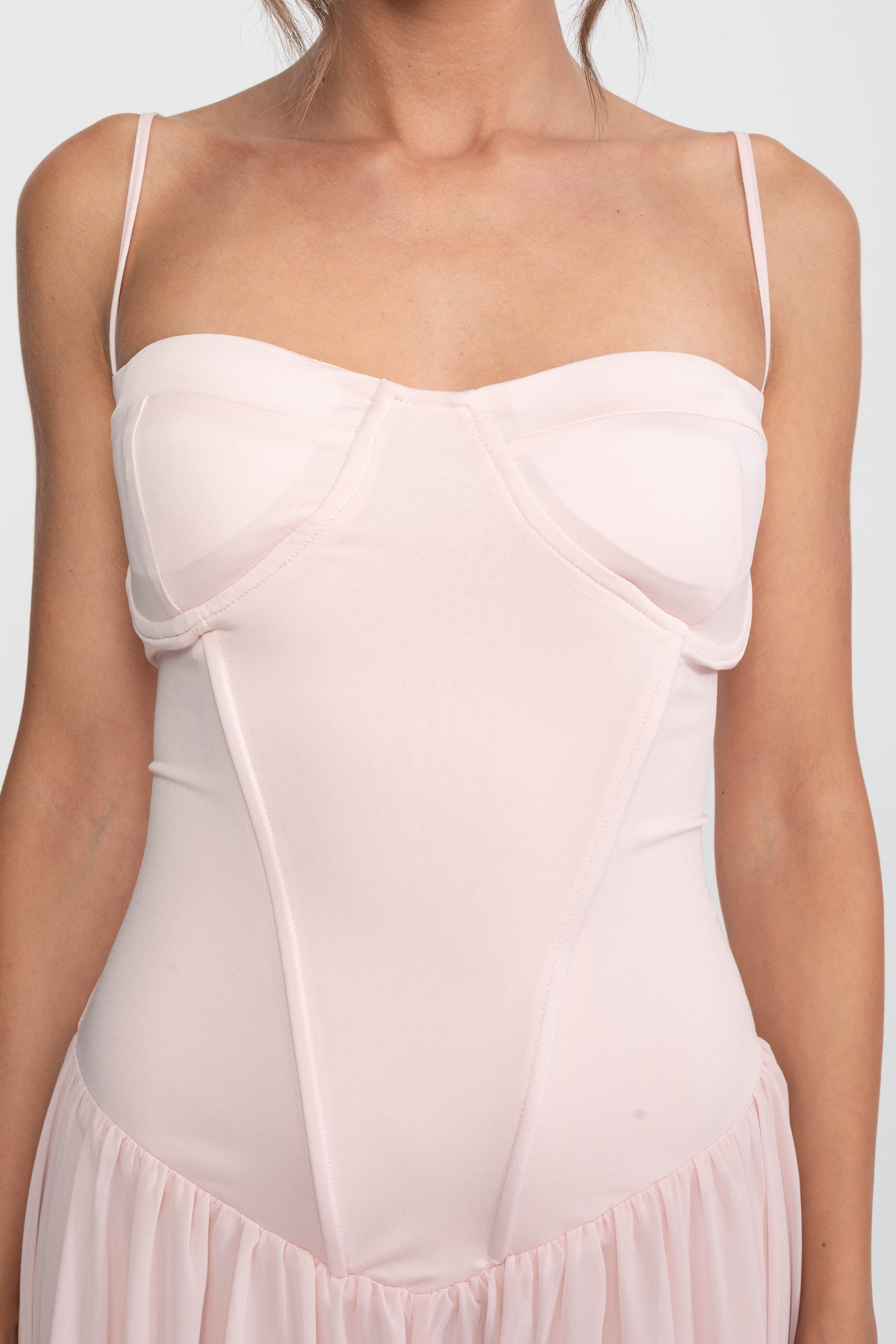 Corset Bodice Chiffon Gown With Dropped Waist - Pink