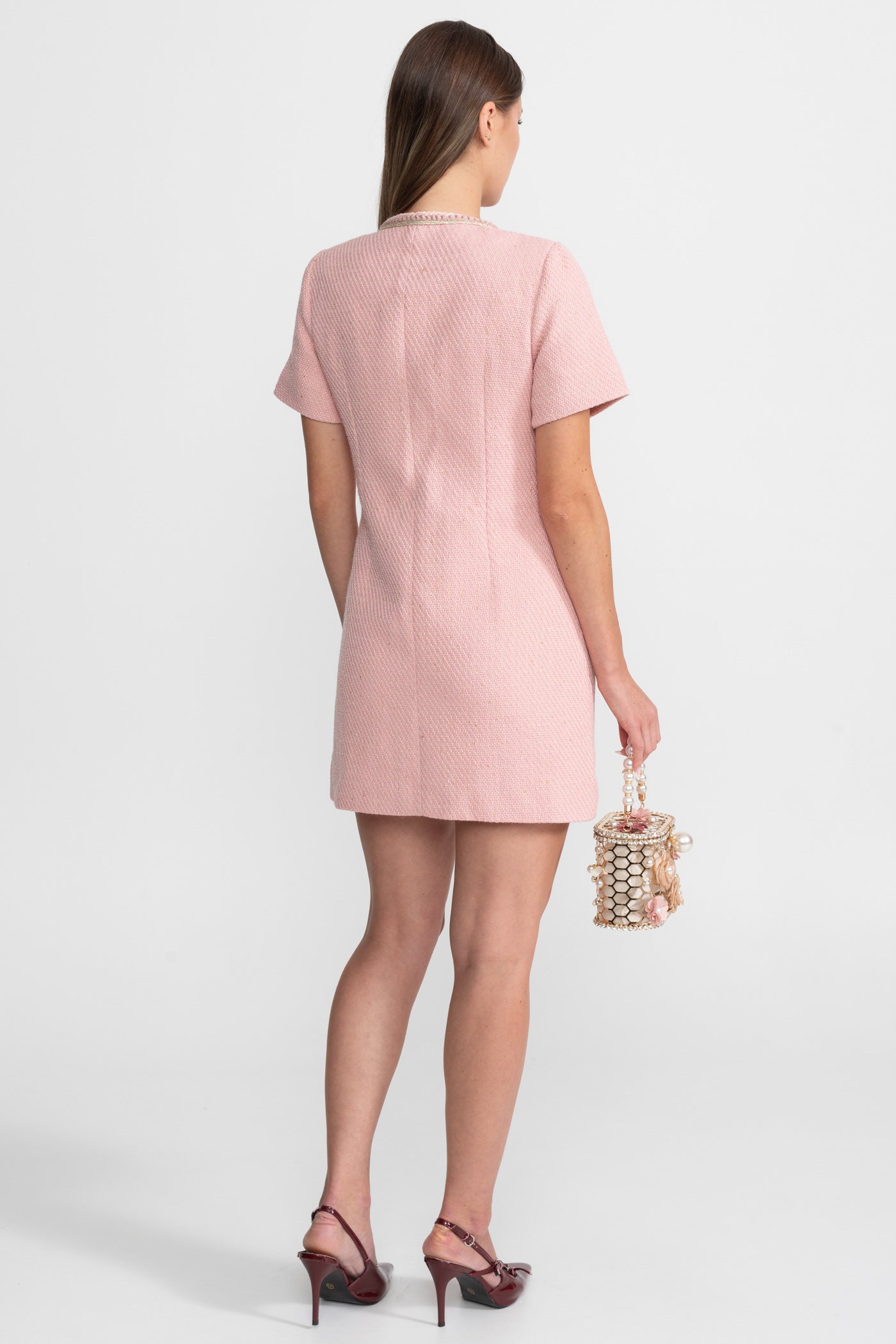 Short Sleeve Tweed Mini Dress With Pearl Buttons – Blush Pink