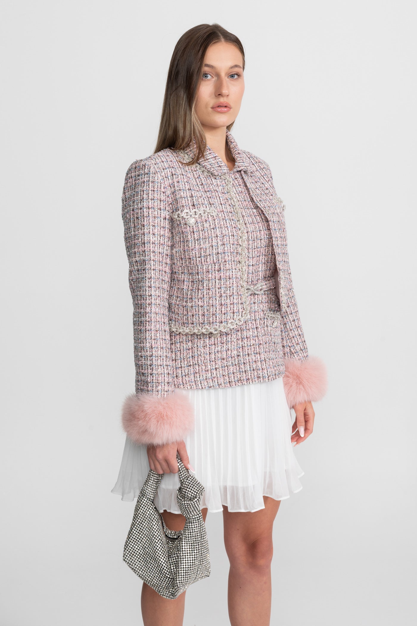 Tweed Cropped Jacket with Faux Fur Cuffs - Pink