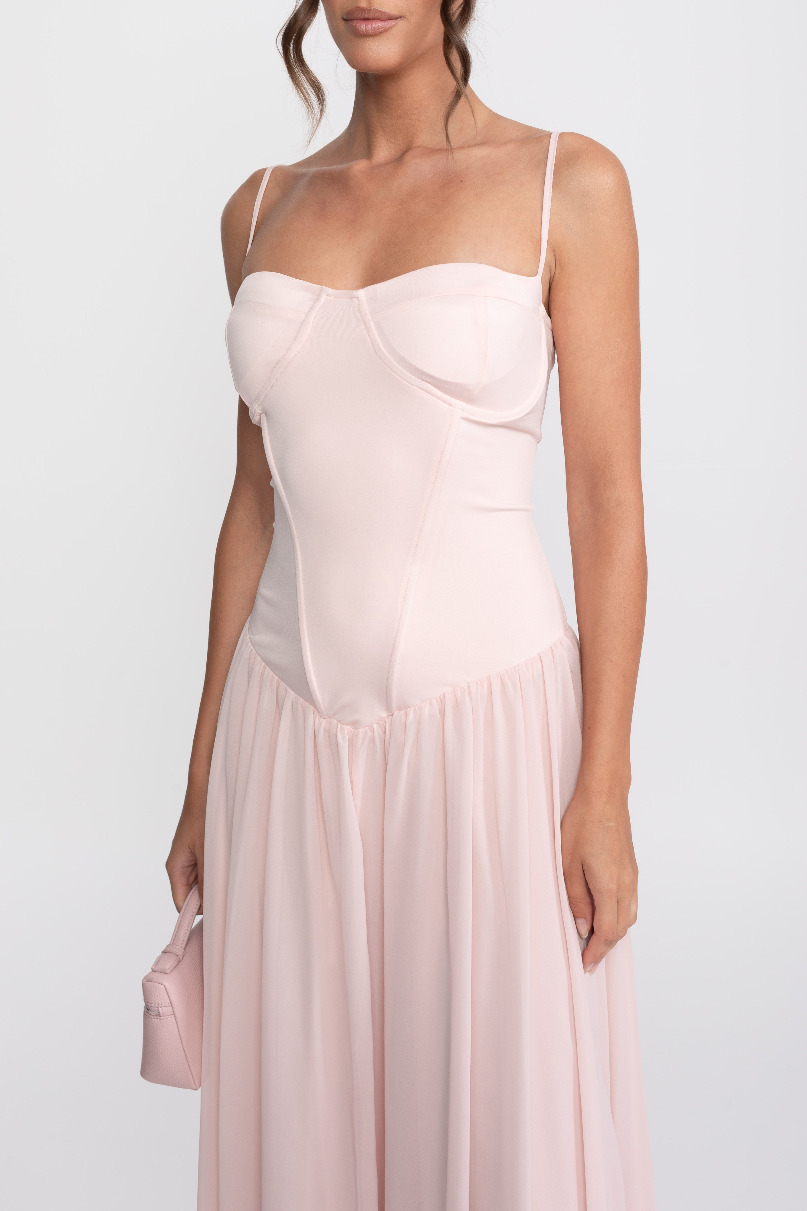Corset Bodice Chiffon Gown With Dropped Waist - Pink