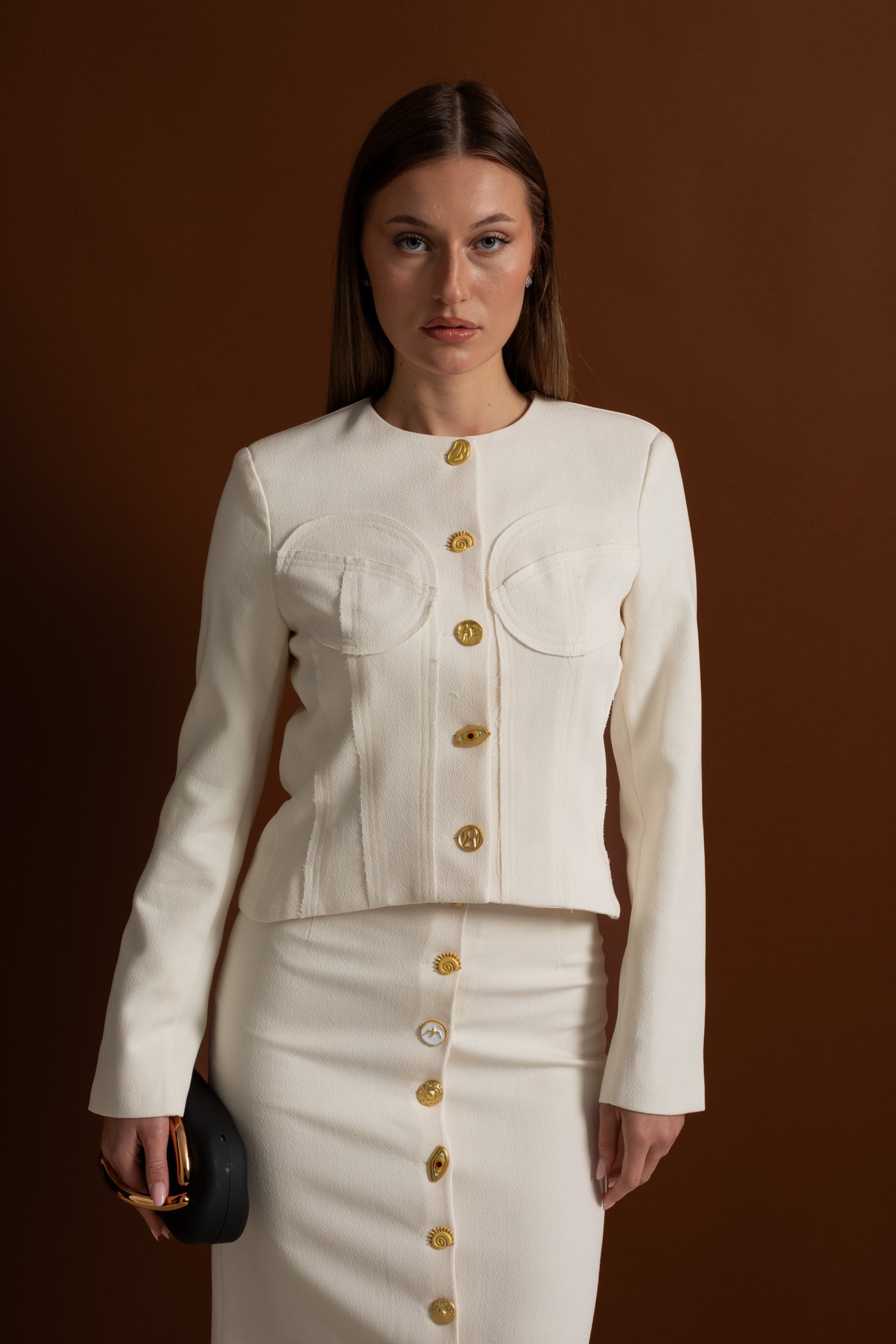 Ensemble coordonné avec boutons dorés remarquables - Blanc 