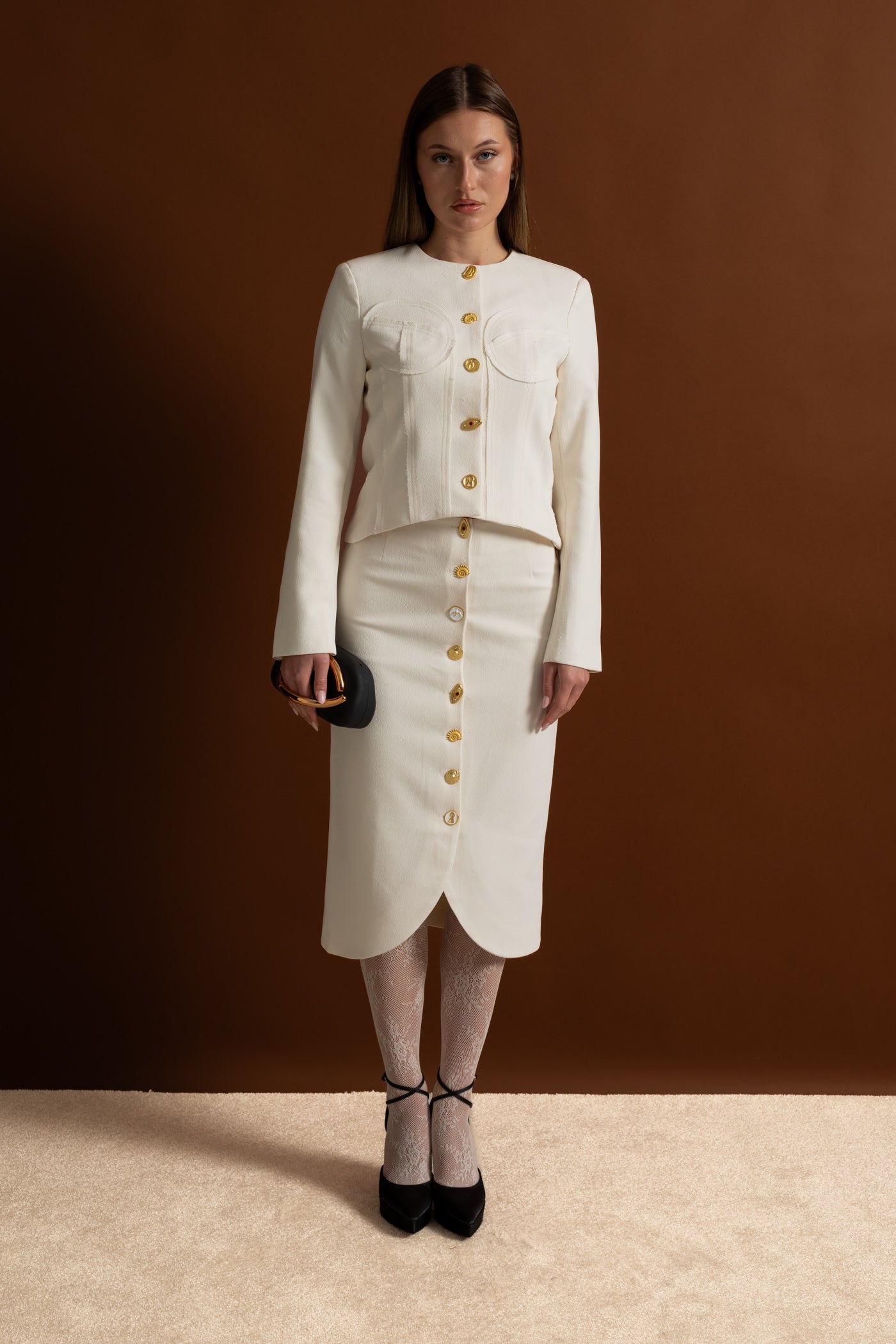 Ensemble coordonné avec boutons dorés remarquables - Blanc 