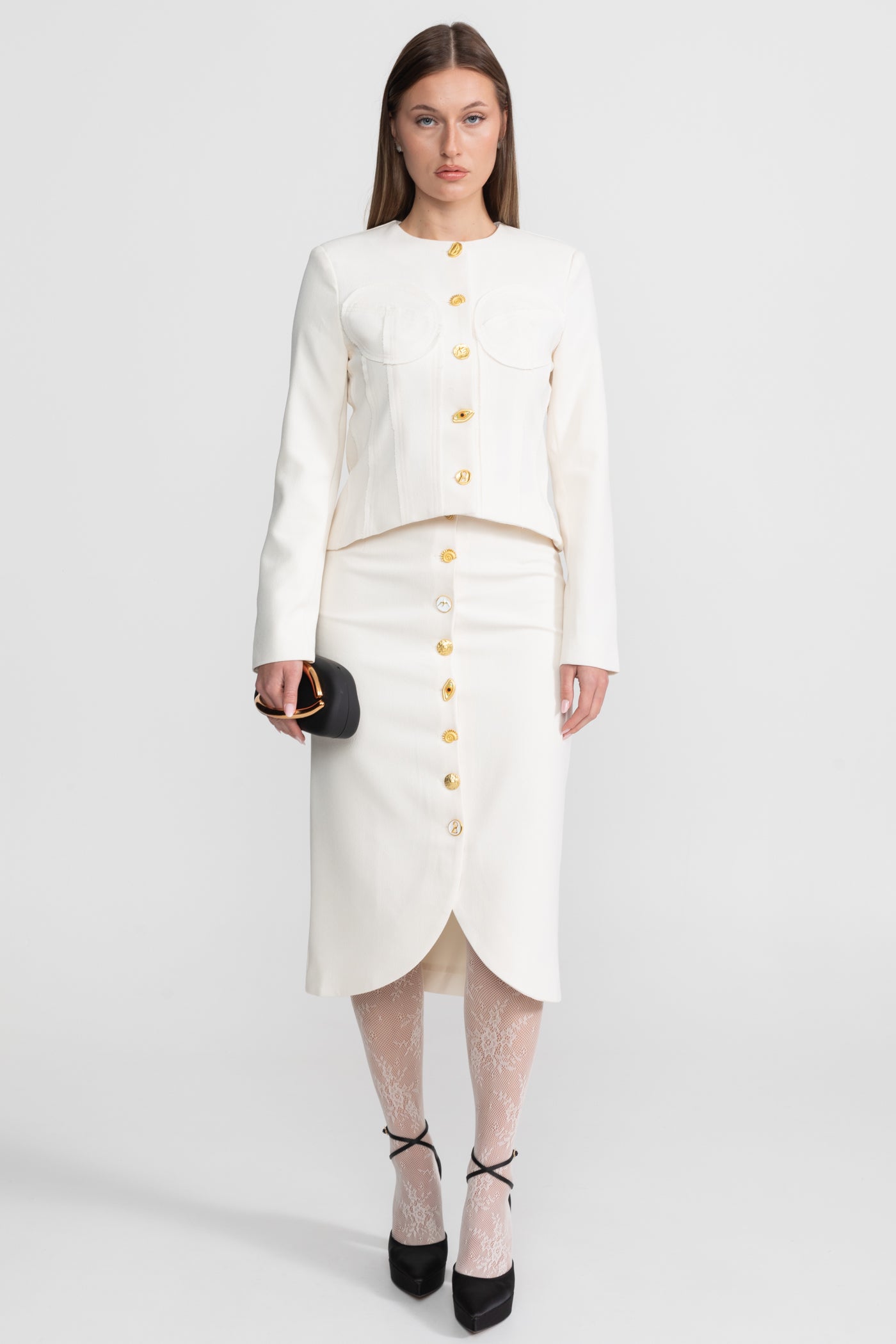 Ensemble coordonné avec boutons dorés remarquables - Blanc 