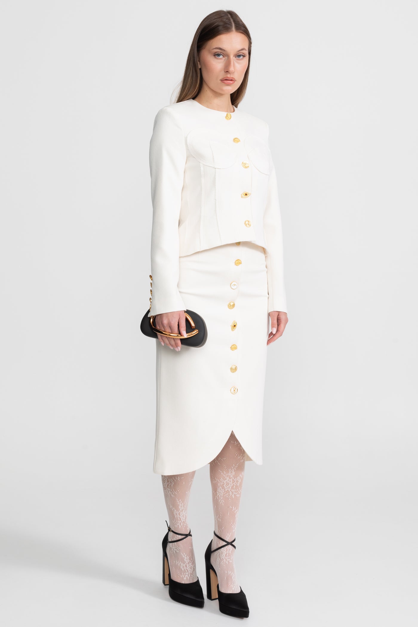 Ensemble coordonné avec boutons dorés remarquables - Blanc 