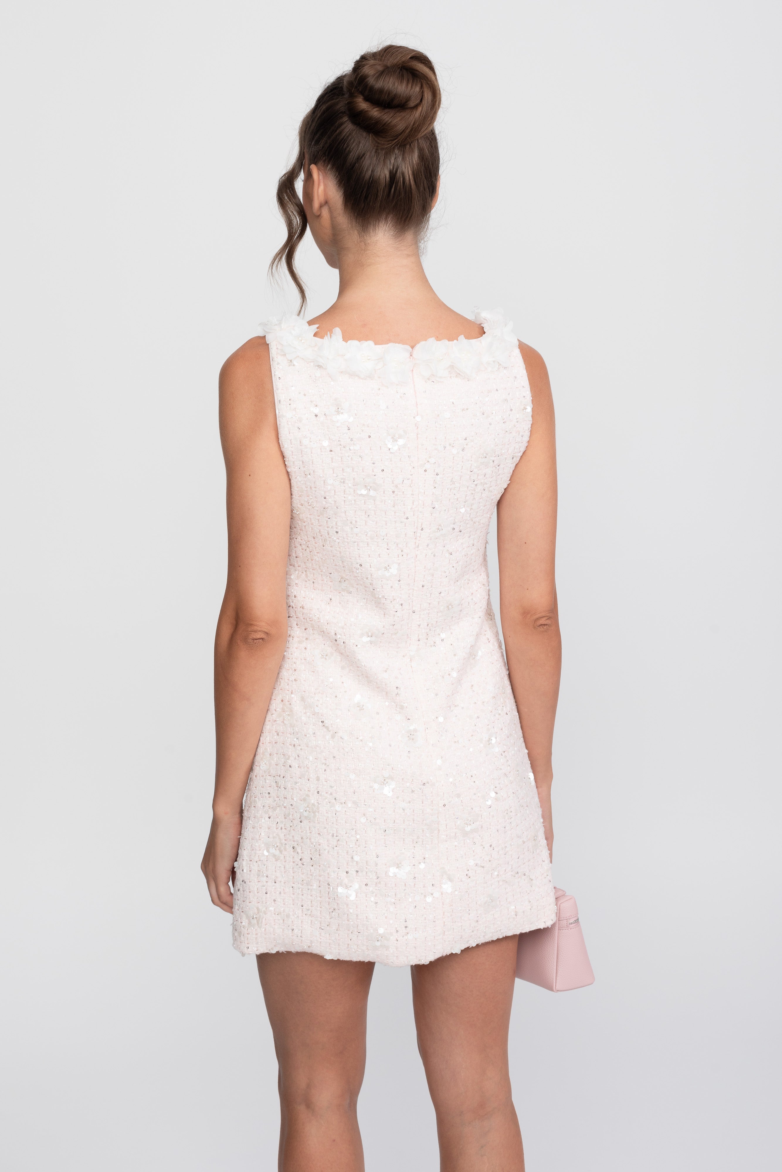 Ribbed Knit Mini Dress With Floral collar - Light Pink