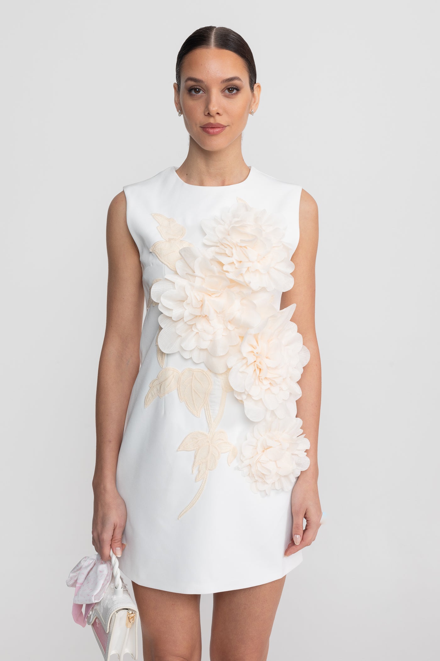 Sleeveless Mini Dress With Round Neckline And 3D Floral Appliqué - White