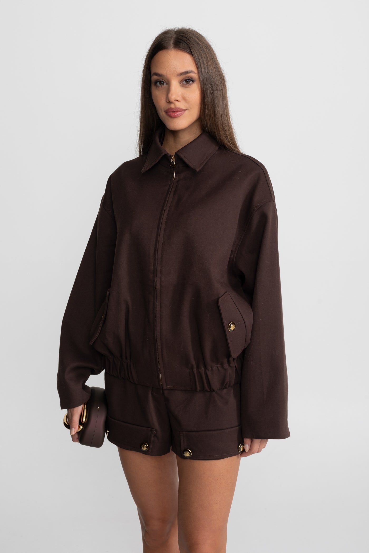 Ensemble coordonné avec veste utilitaire zippée et short assorti - Marron 
