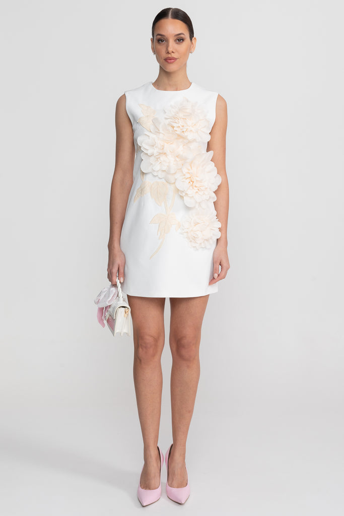 Robe Mini Sans Manches Avec Encolure Ronde Et Appliqué Floral 3D - Blanc 