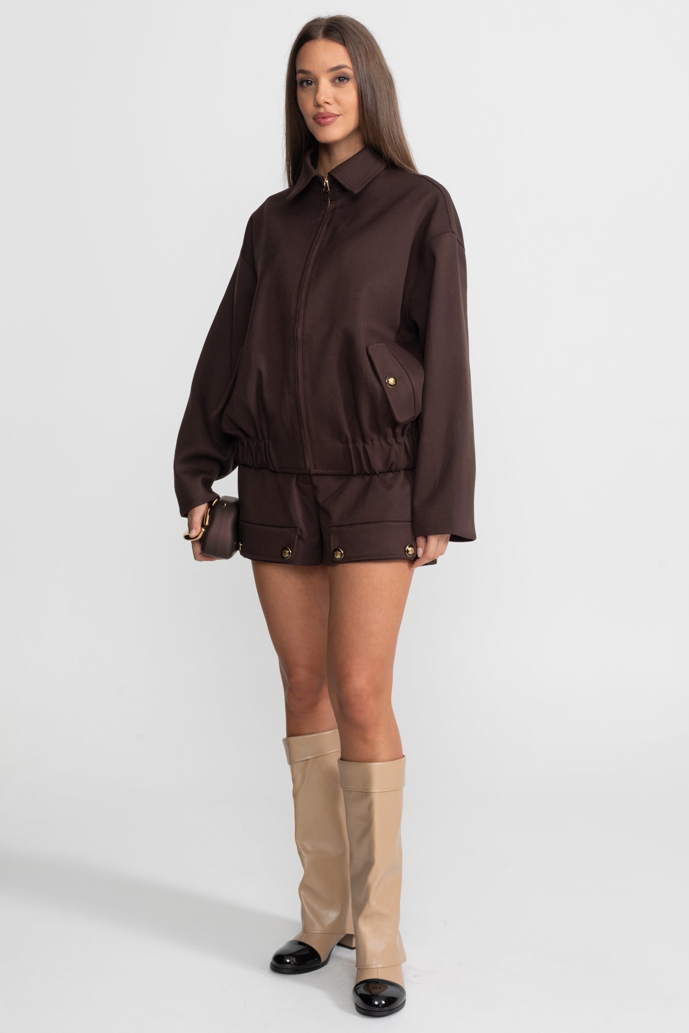Ensemble coordonné avec veste utilitaire zippée et short assorti - Marron 