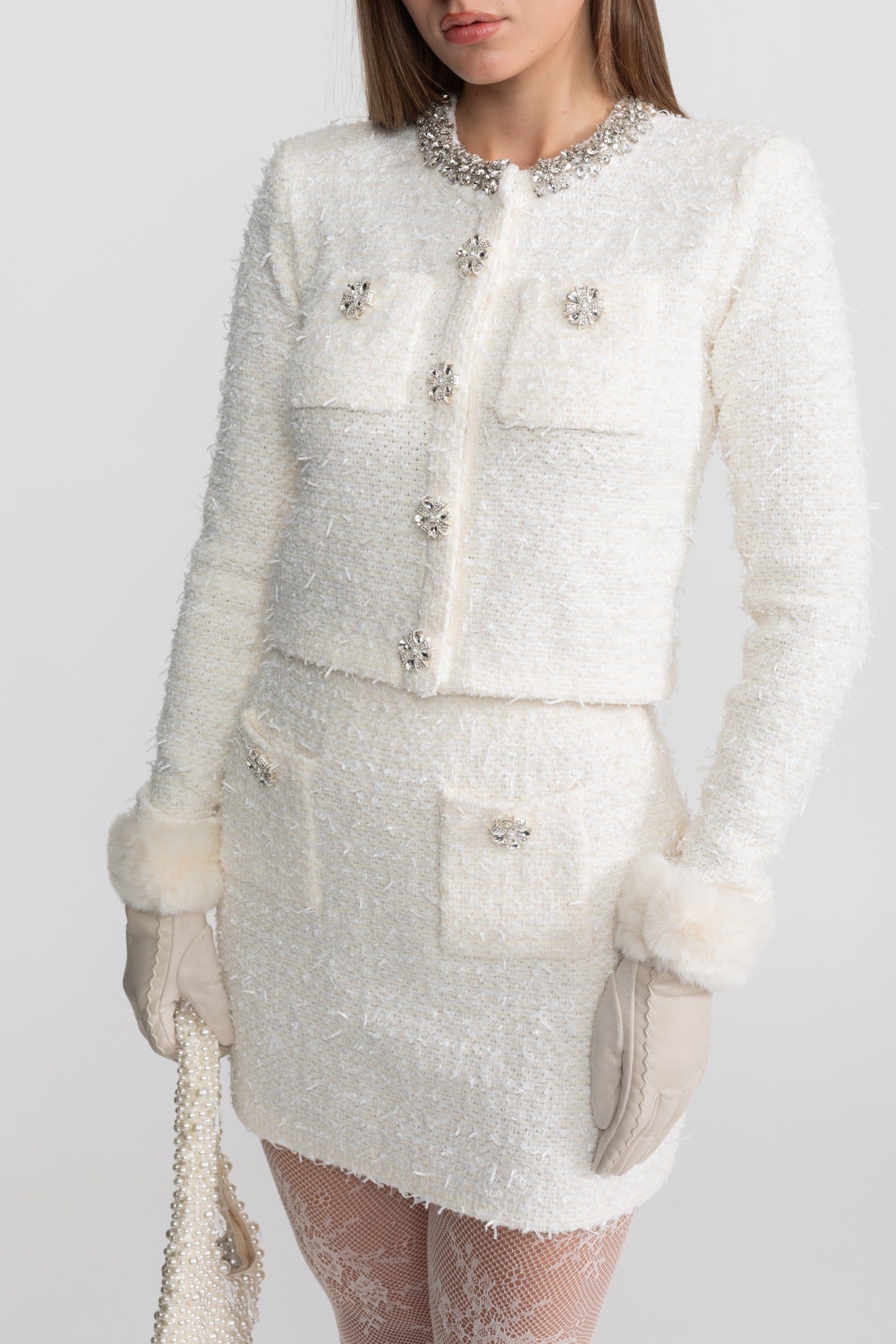 Tweed Blazer With Crystal Embellishments And Buttons - White