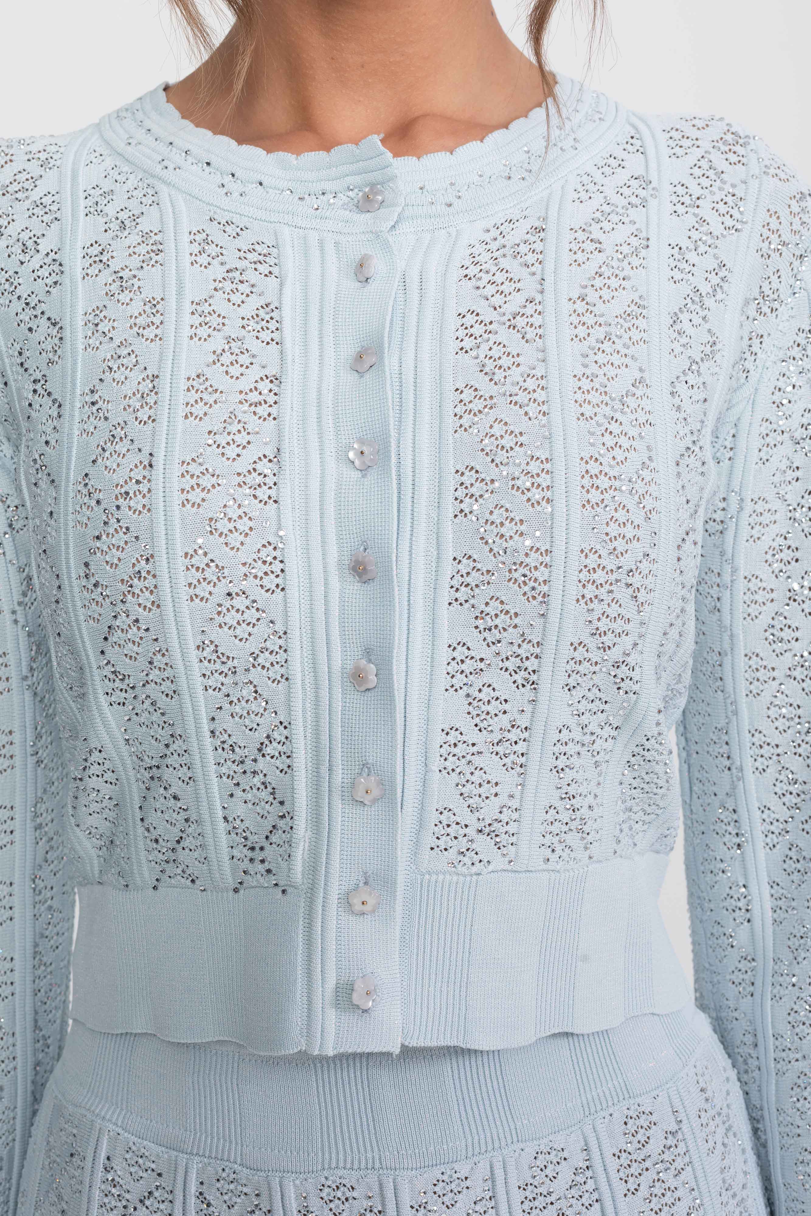 Ensemble coordonné en maille ajourée avec cardigan et jupe longue - Bleu clair 