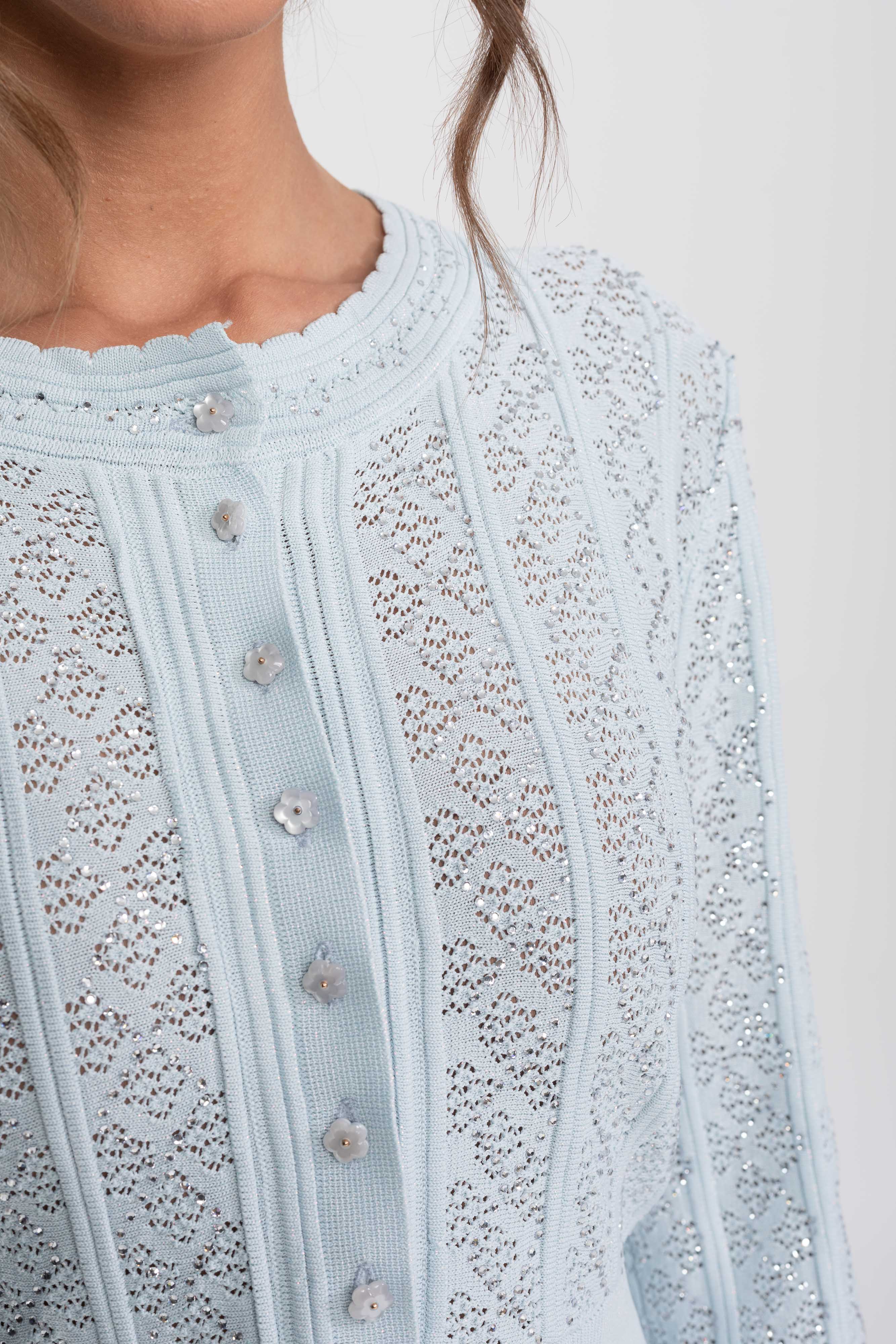 Ensemble coordonné en maille ajourée avec cardigan et jupe longue - Bleu clair 