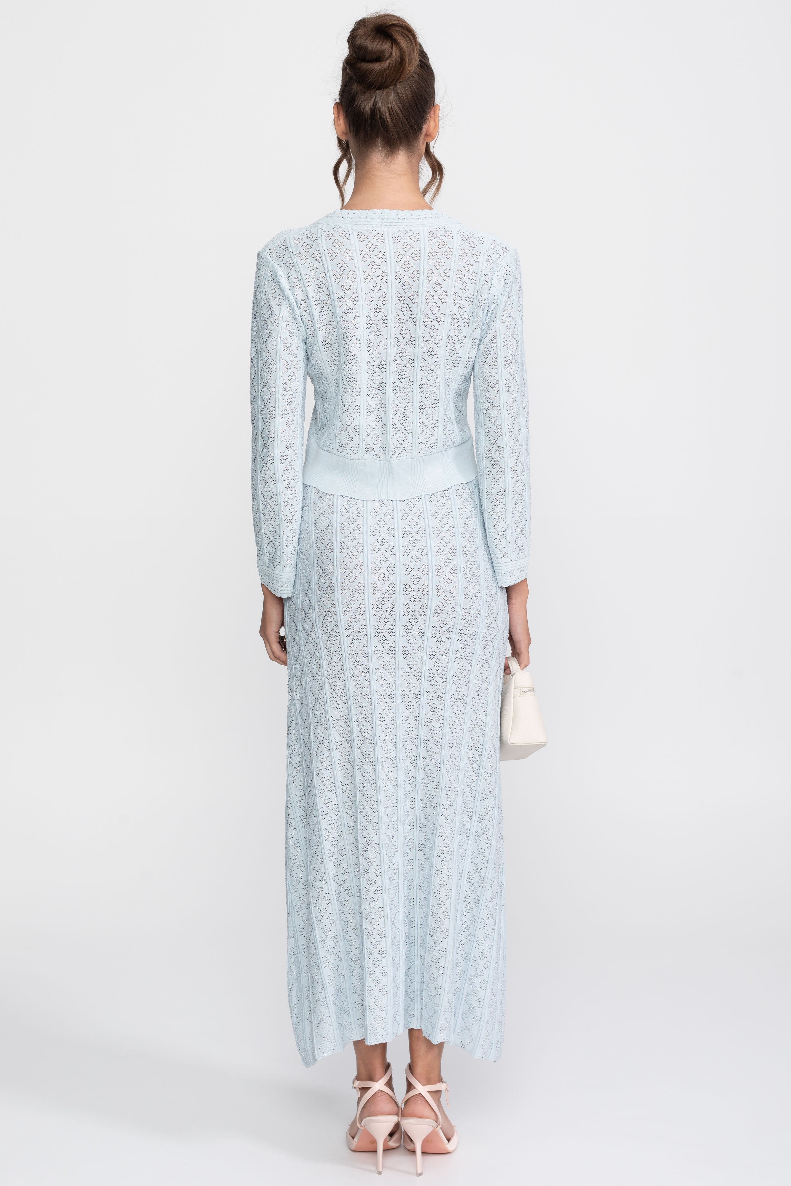 Ensemble coordonné en maille ajourée avec cardigan et jupe longue - Bleu clair 