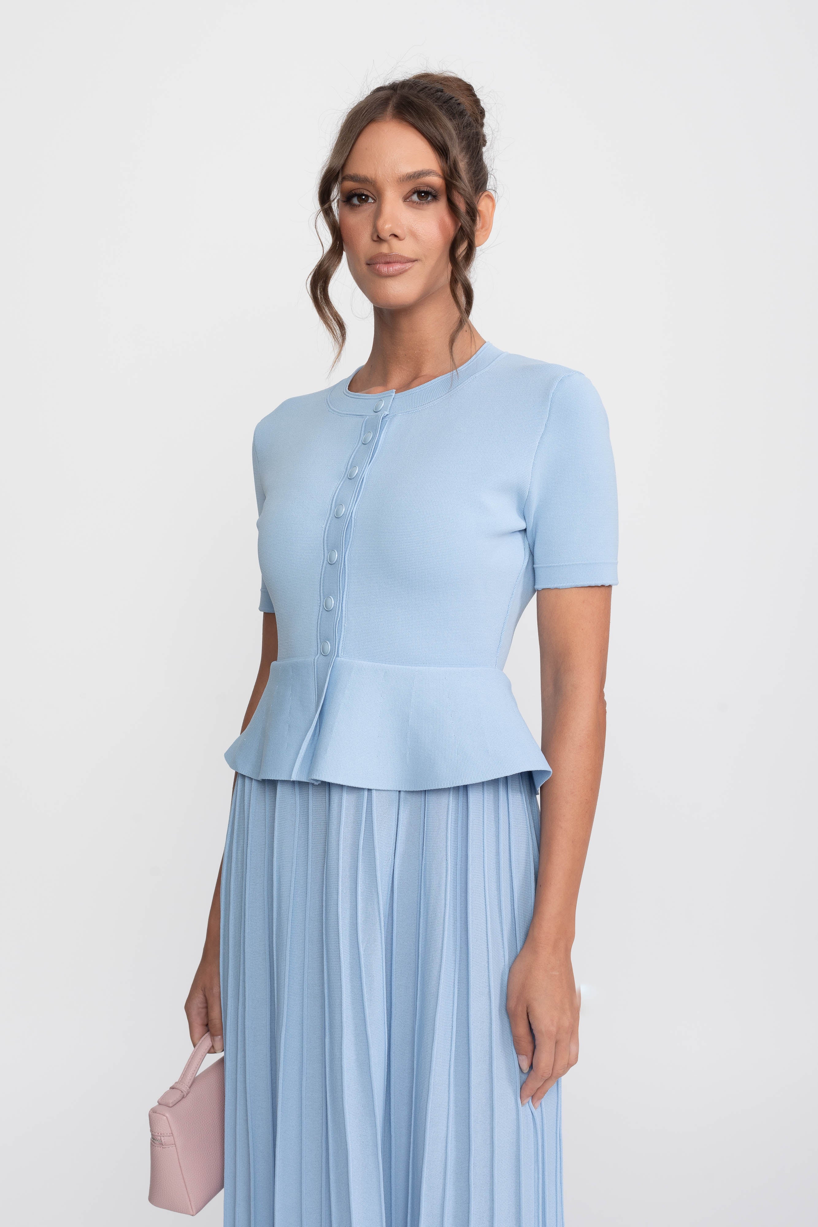 Peplum Knit Midi Dress With Button Front - Light Blue