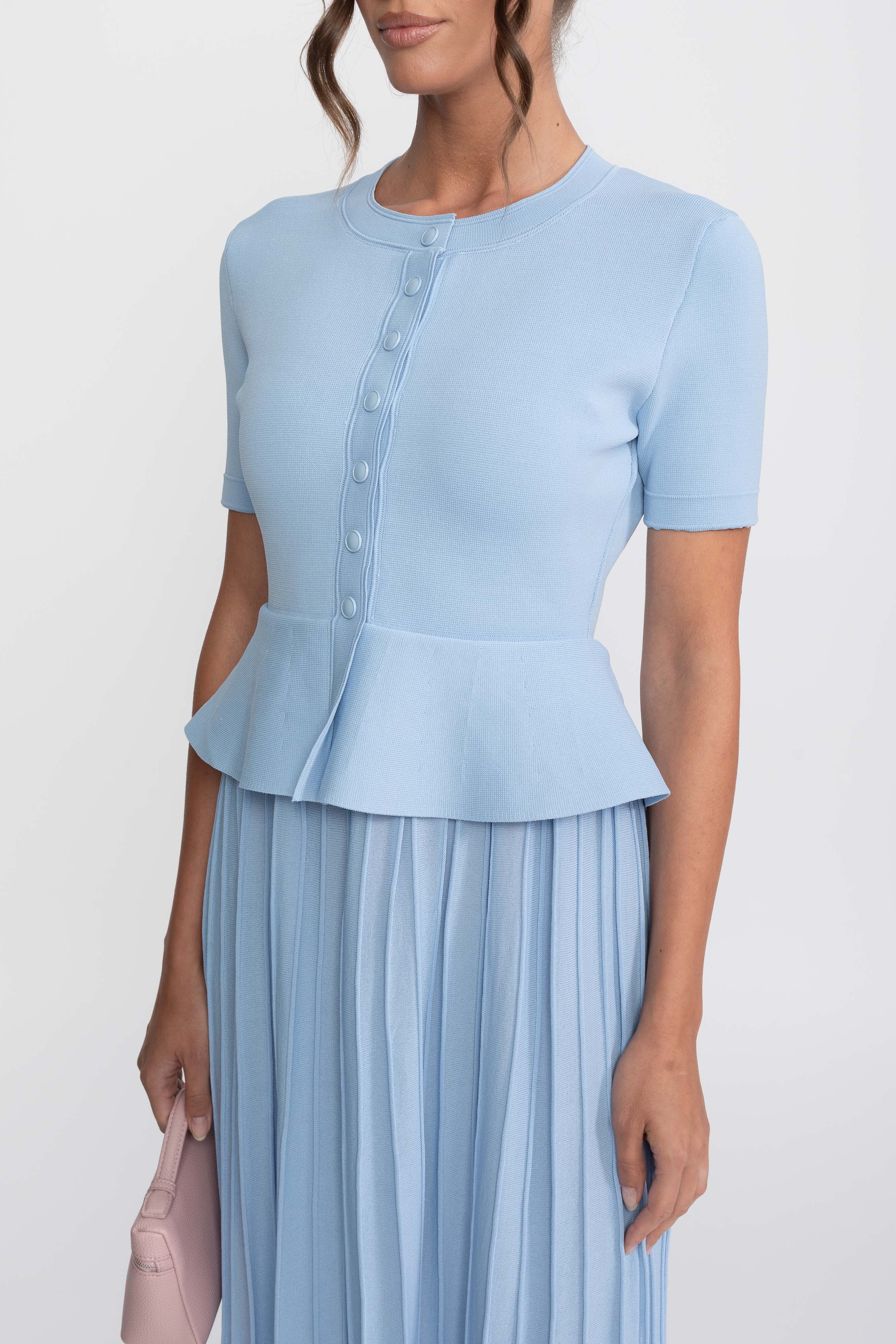 Peplum Knit Midi Dress With Button Front - Light Blue