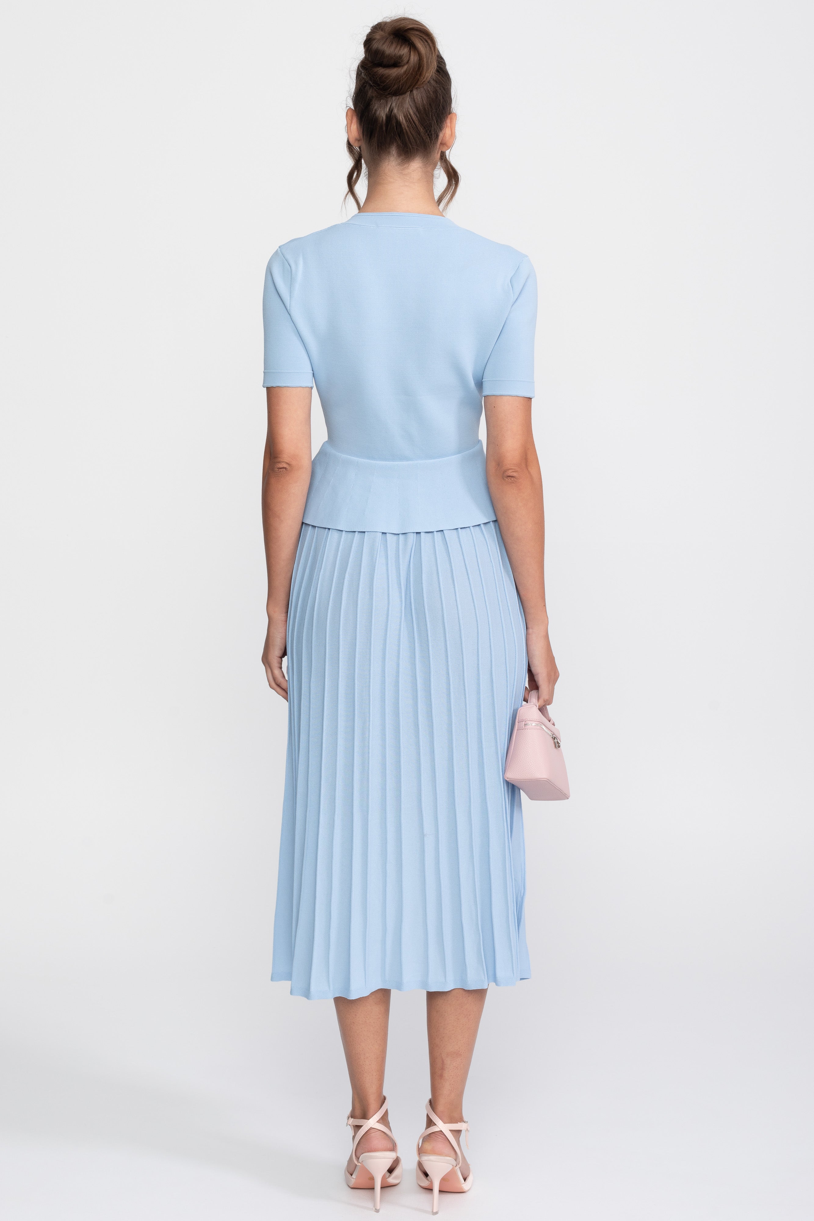Peplum Knit Midi Dress With Button Front - Light Blue