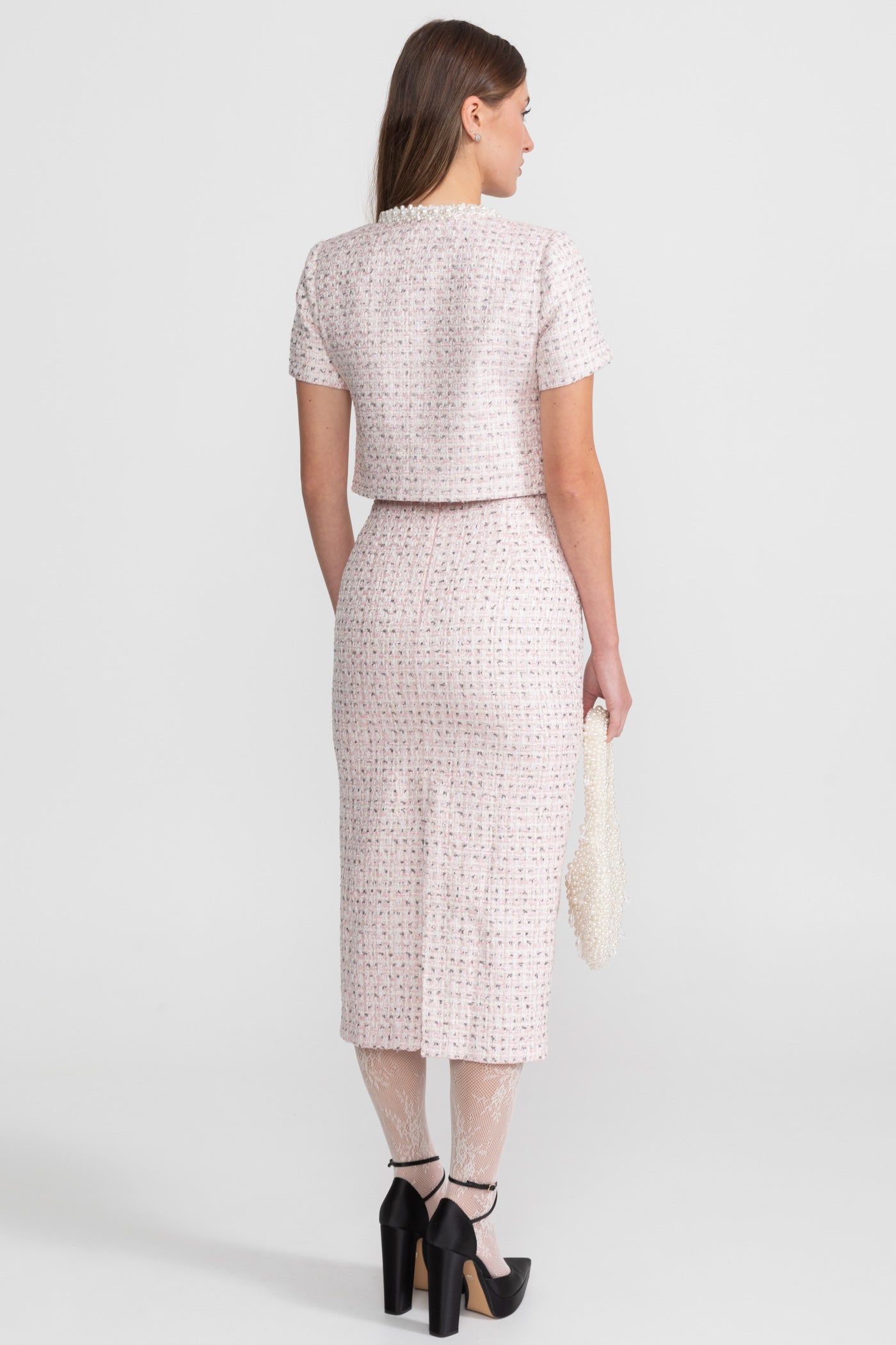 Haut à manches courtes orné de perles avec boutons scintillants - Rose 