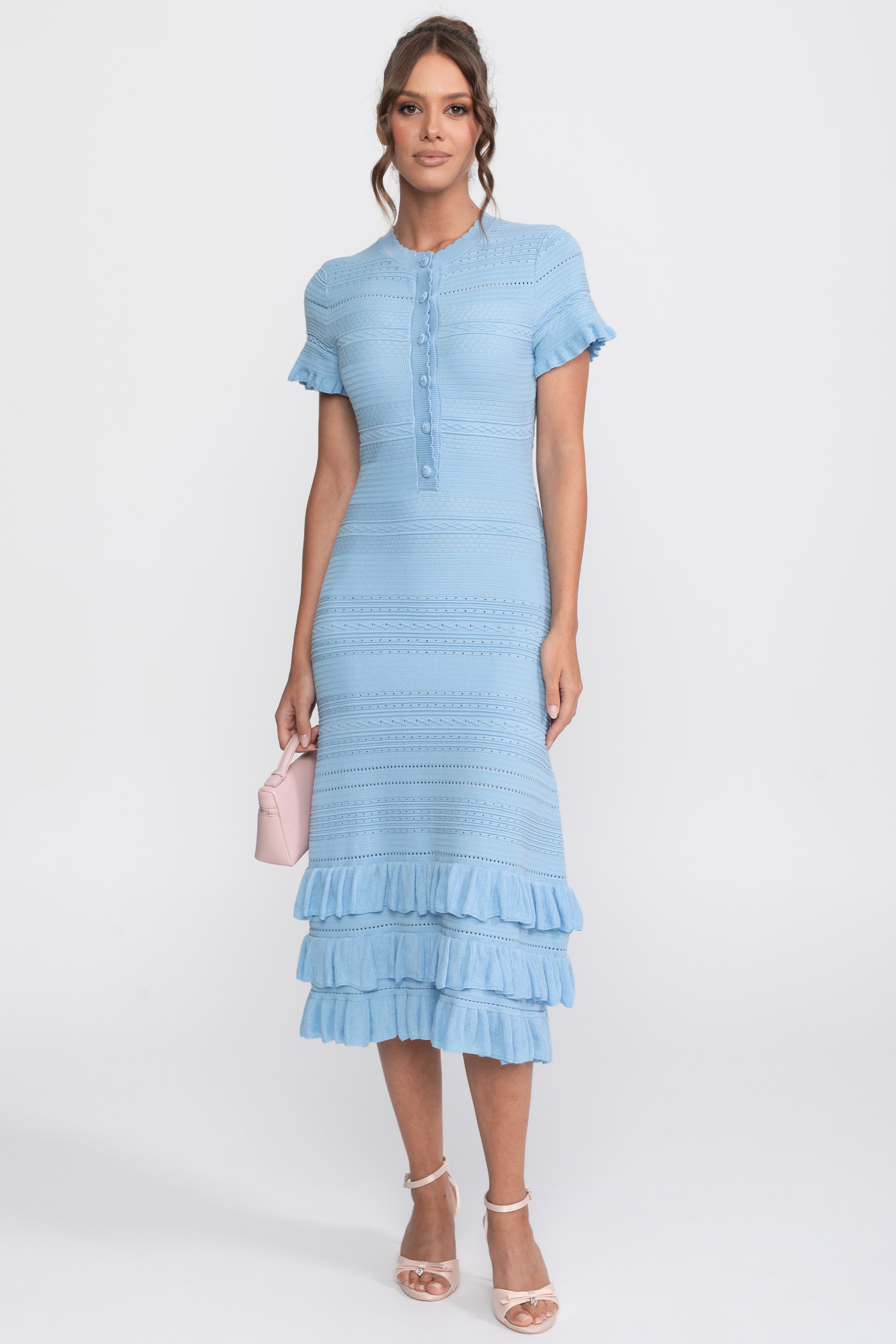 Ruffle Hem Knit Midi Dress With Button Front - Sky Blue