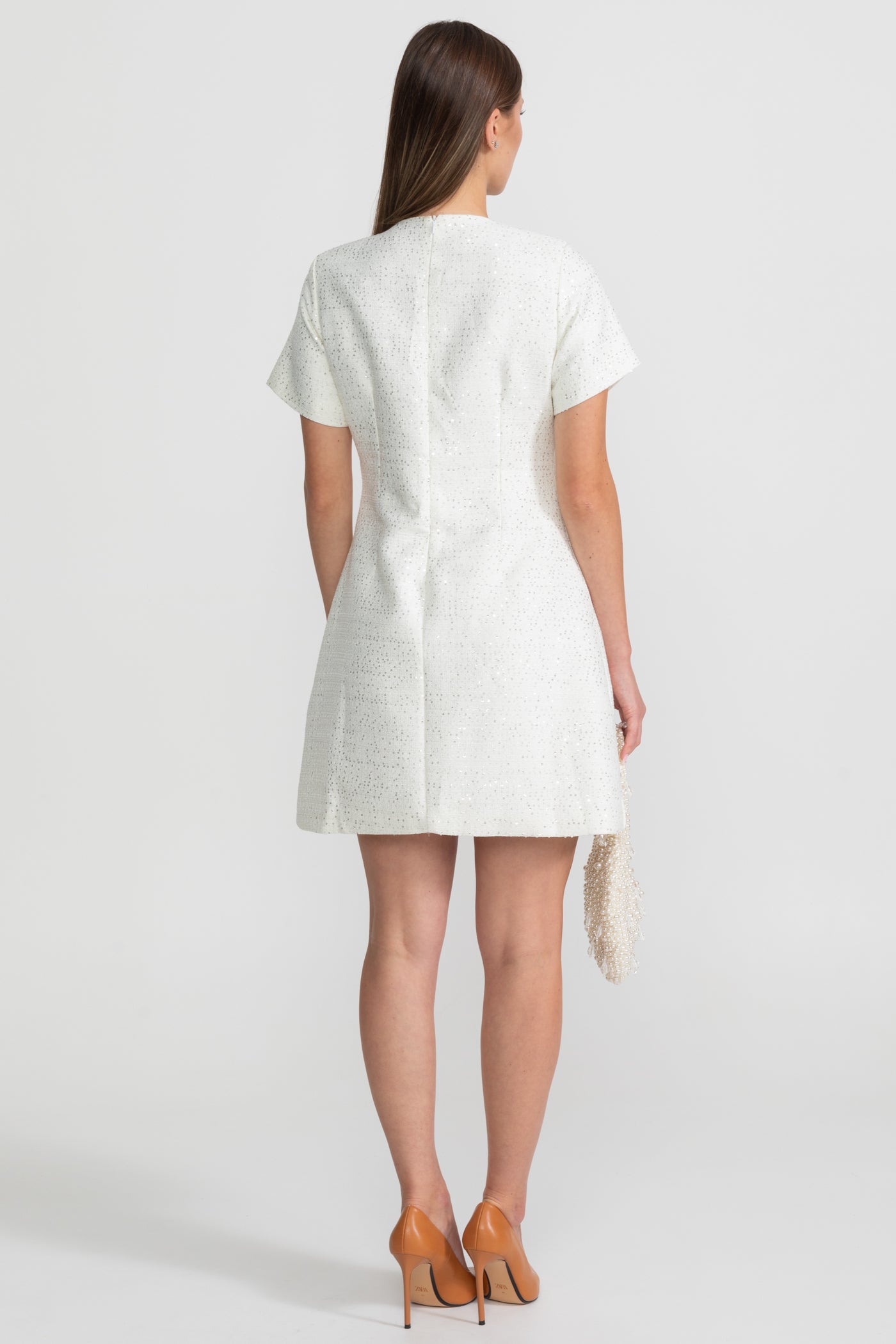 Robe mini à sequins avec nœuds en cristal - Blanc 