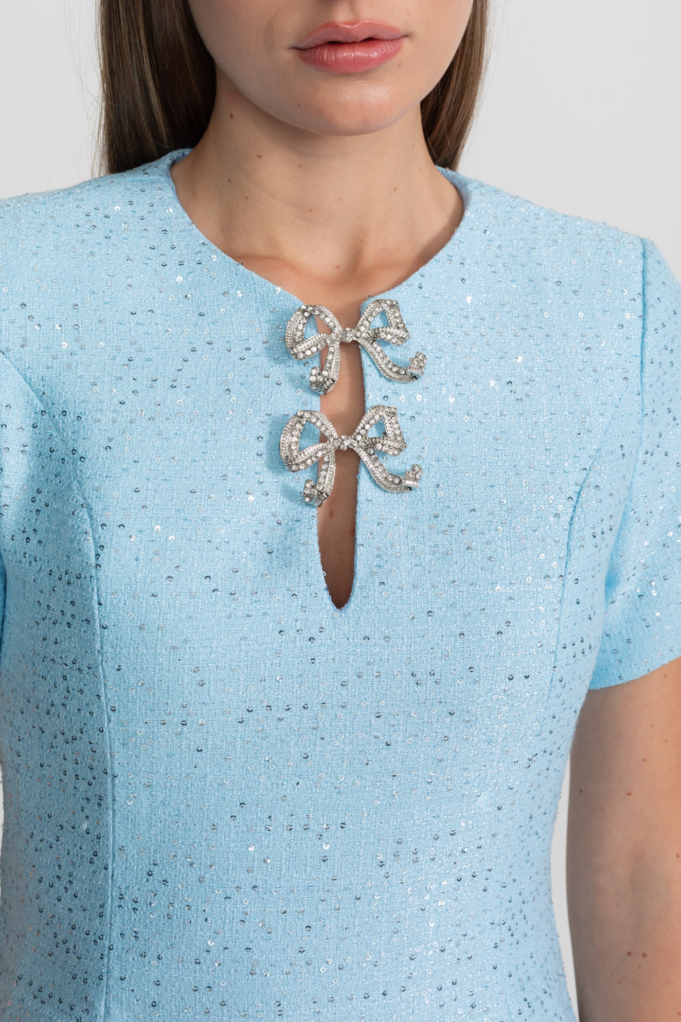 Sequin Mini Dress with Crystal Bow Accents - Baby Blue