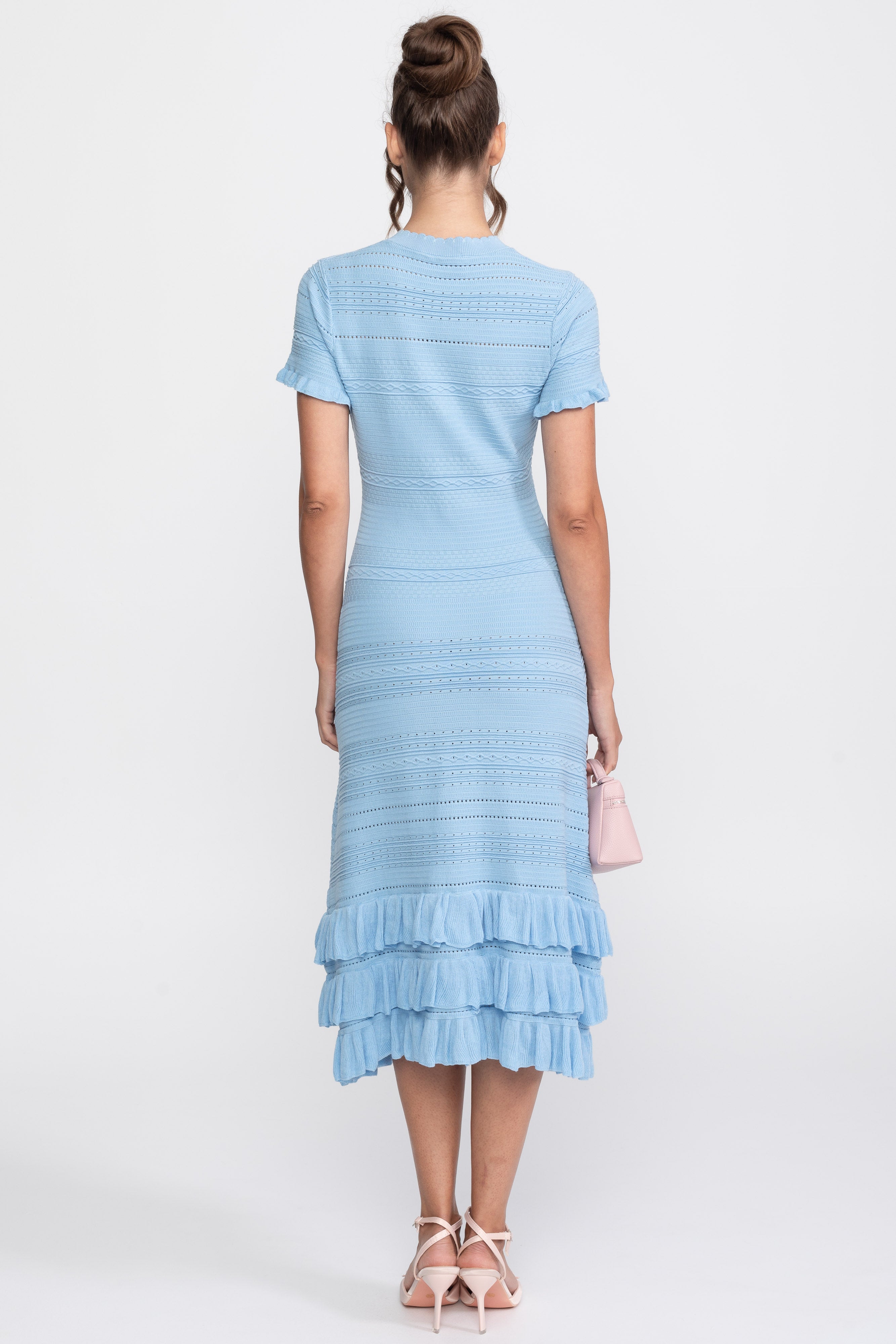 Ruffle Hem Knit Midi Dress With Button Front - Sky Blue