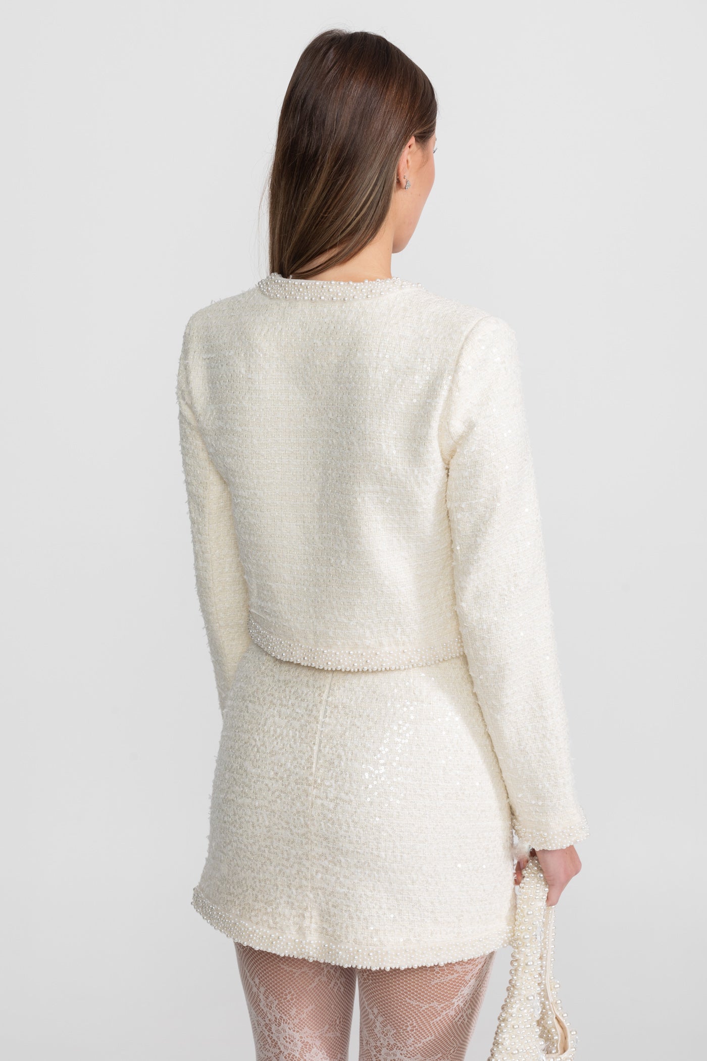 Jupe mini en tweed avec bordure perlée et ourlet - Ivoire 