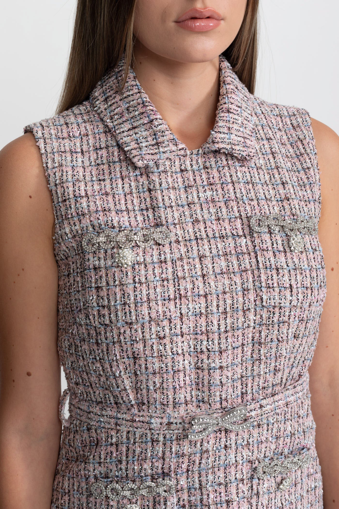 Tweed Vest Dress with Pleated Skirt Detail - Pink/White