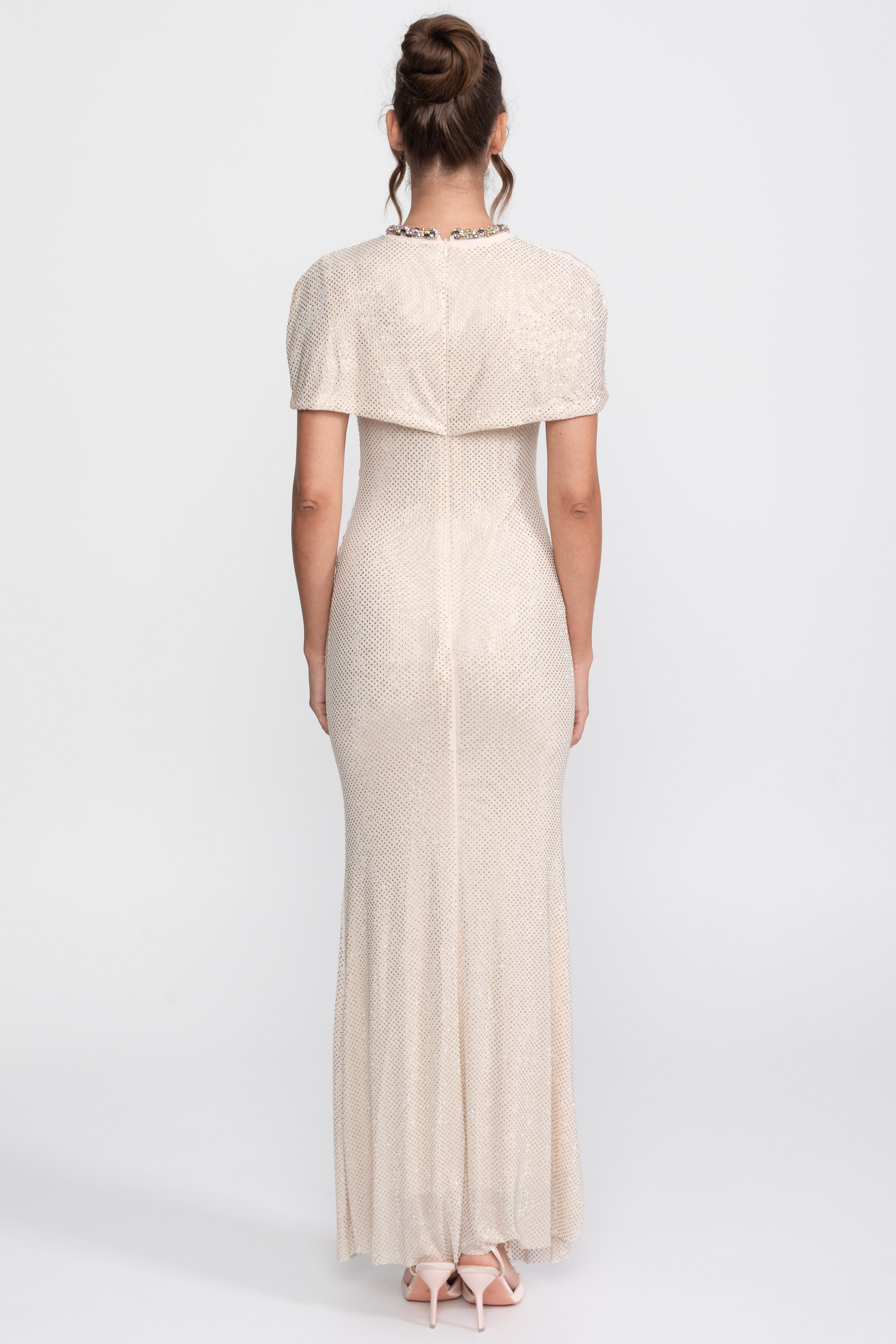 Robe colonne à sequins avec finition cristal et manches croisées - Champagne 