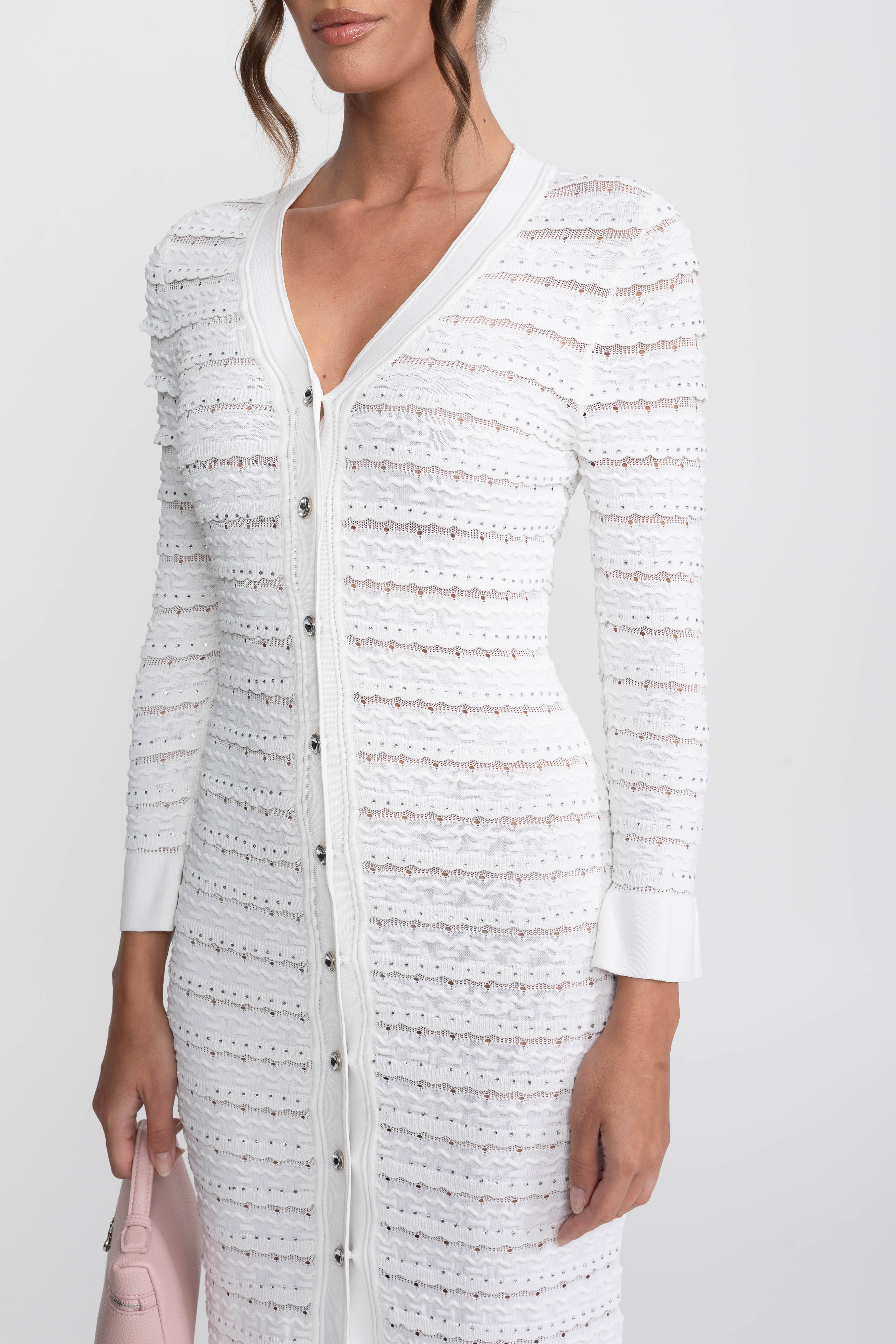 Robe longue cardigan en maille texturée avec bouton en cristal - Blanc 