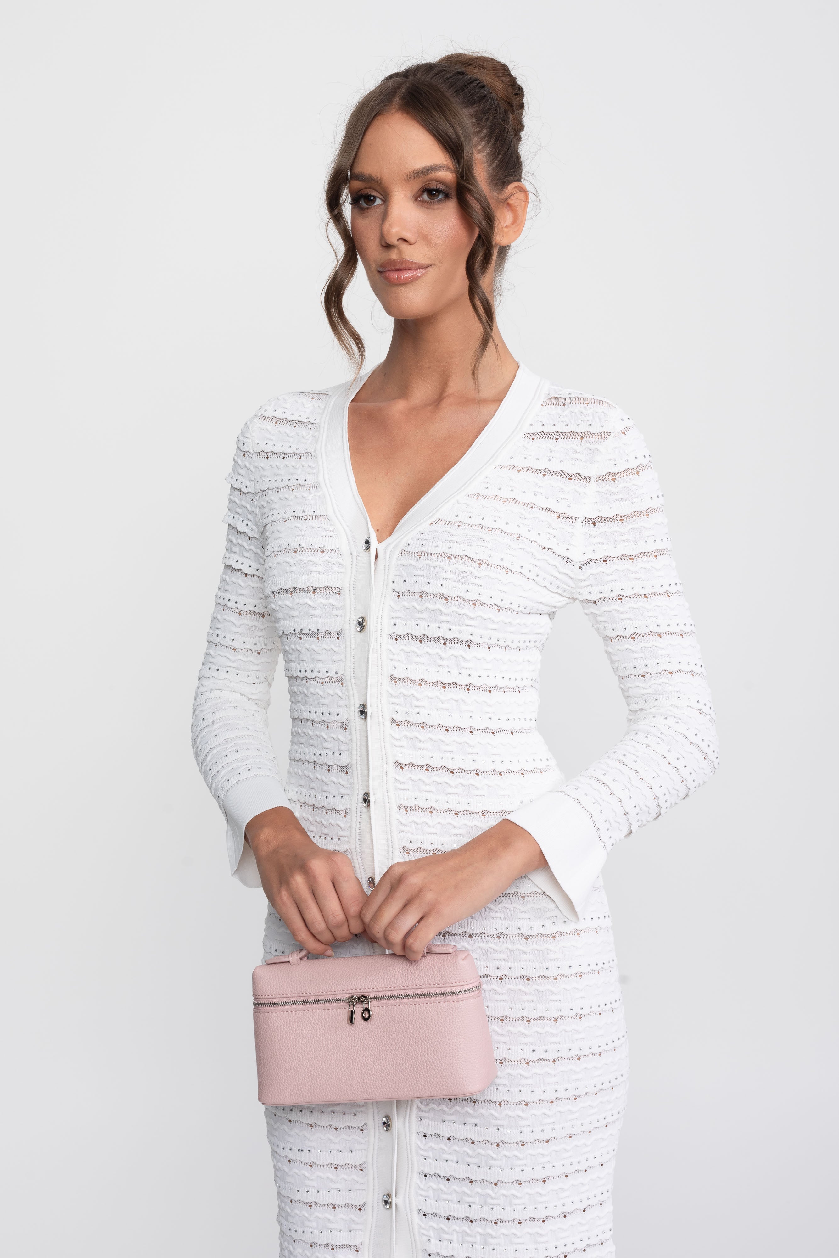 Robe longue cardigan en maille texturée avec bouton en cristal - Blanc 