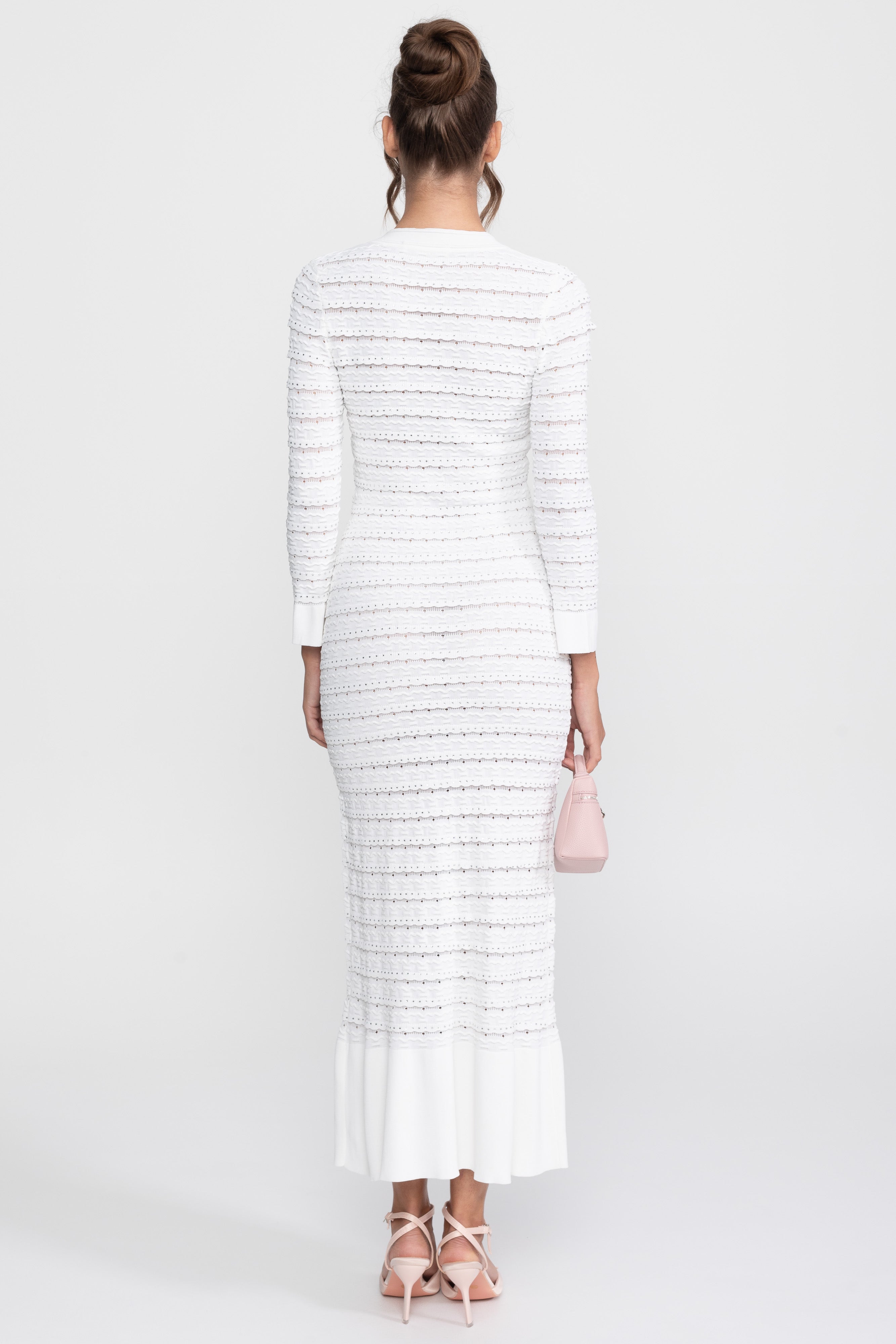Robe longue cardigan en maille texturée avec bouton en cristal - Blanc 