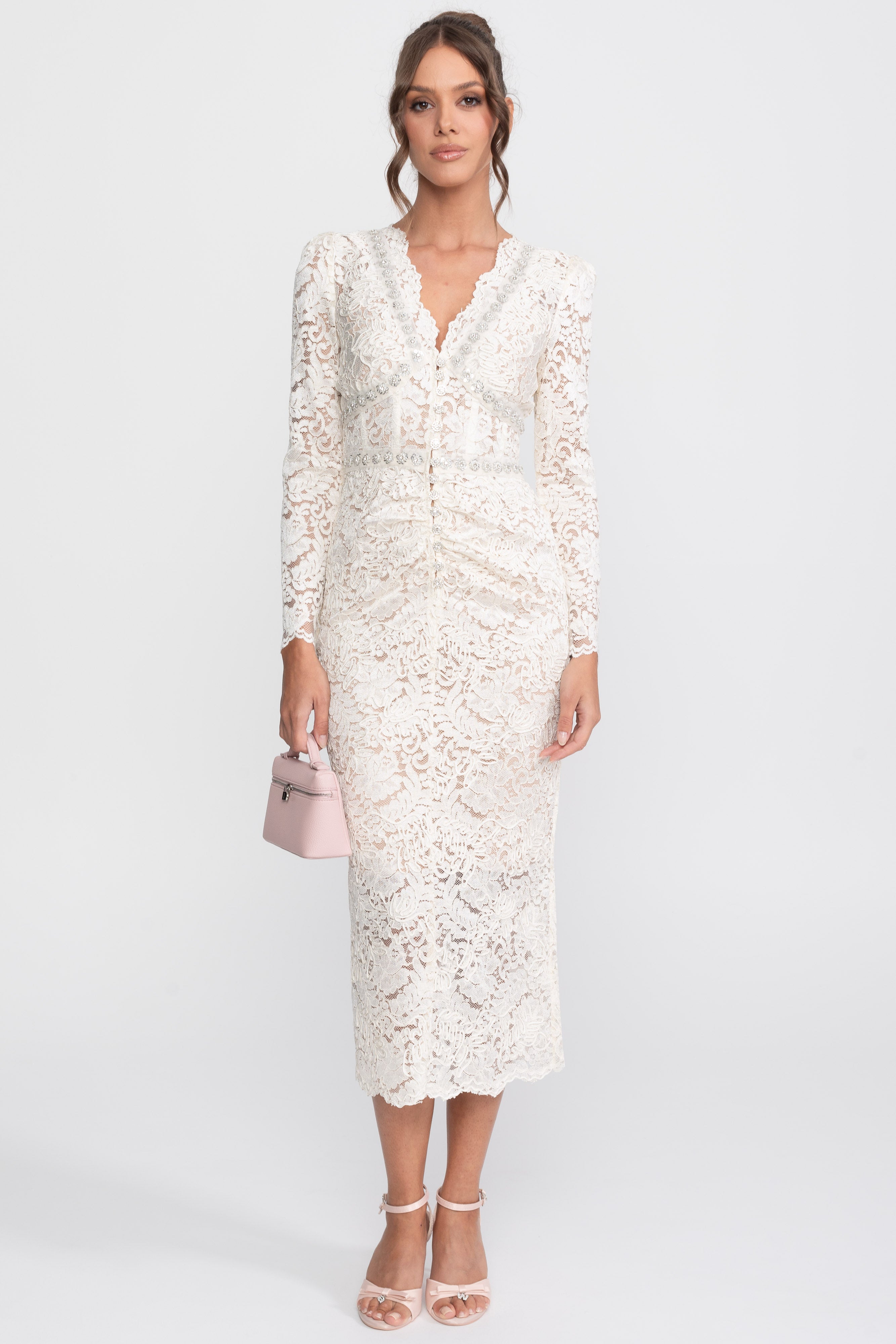 Robe midi en dentelle avec encolure en V ornée de cristaux et détail froncé sur le devant - Blanc 