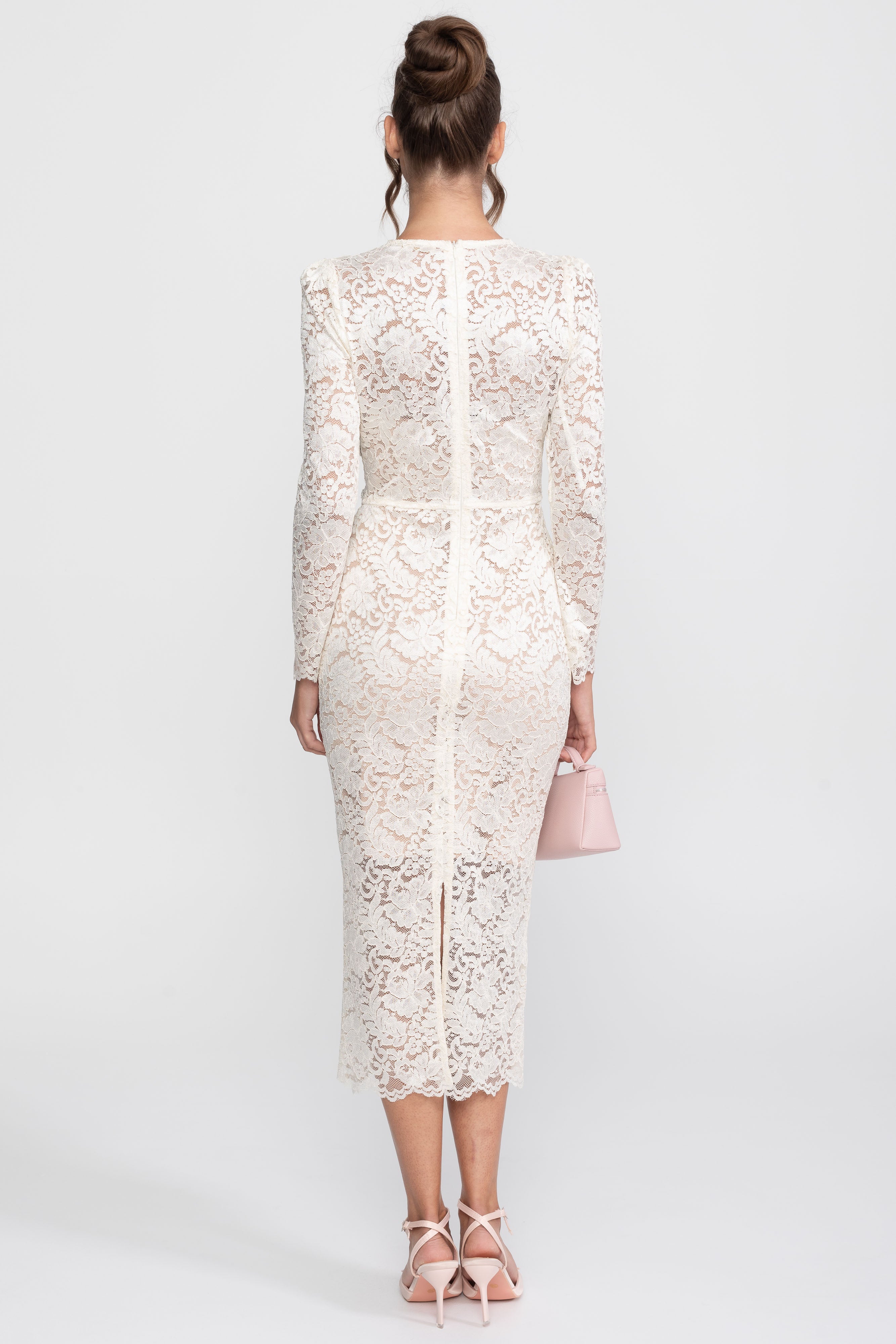 Robe midi en dentelle avec encolure en V ornée de cristaux et détail froncé sur le devant - Blanc 