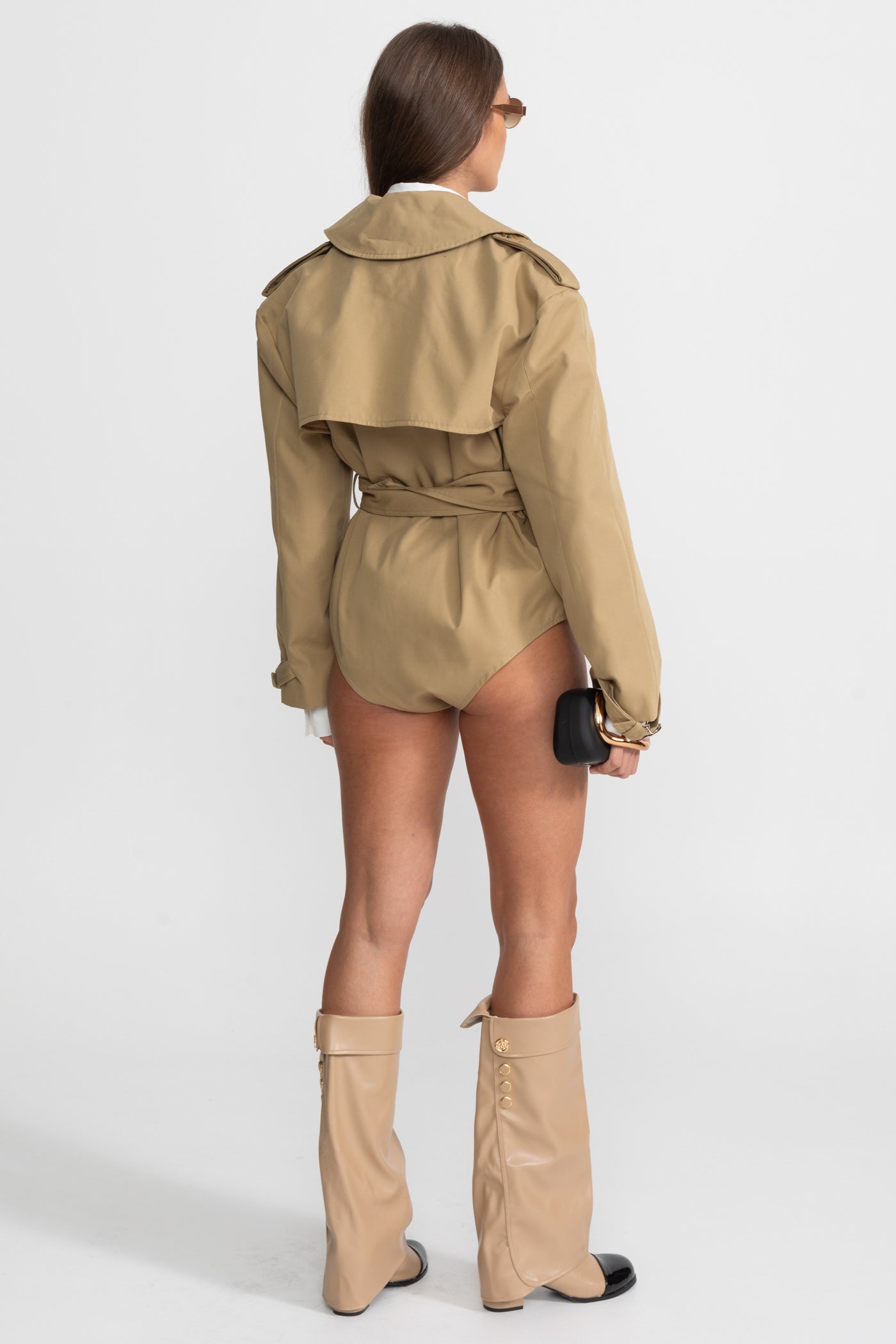 Veste body trench avec taille ceinturée et revers structuré - Beige 