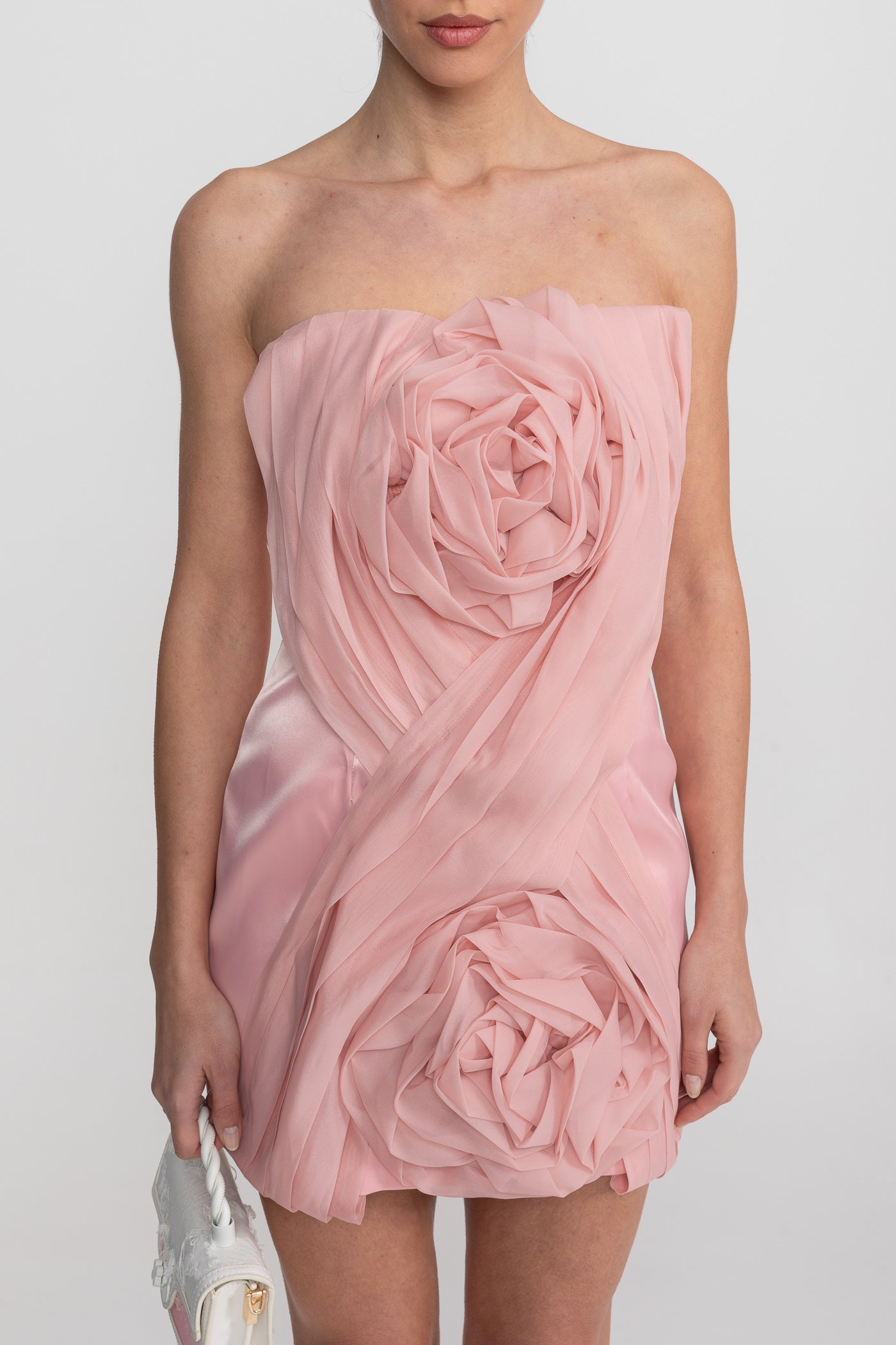 Robe Mini Bustier avec Corsage Drapé et Appliqués de Roses 3D - Blush Pink 