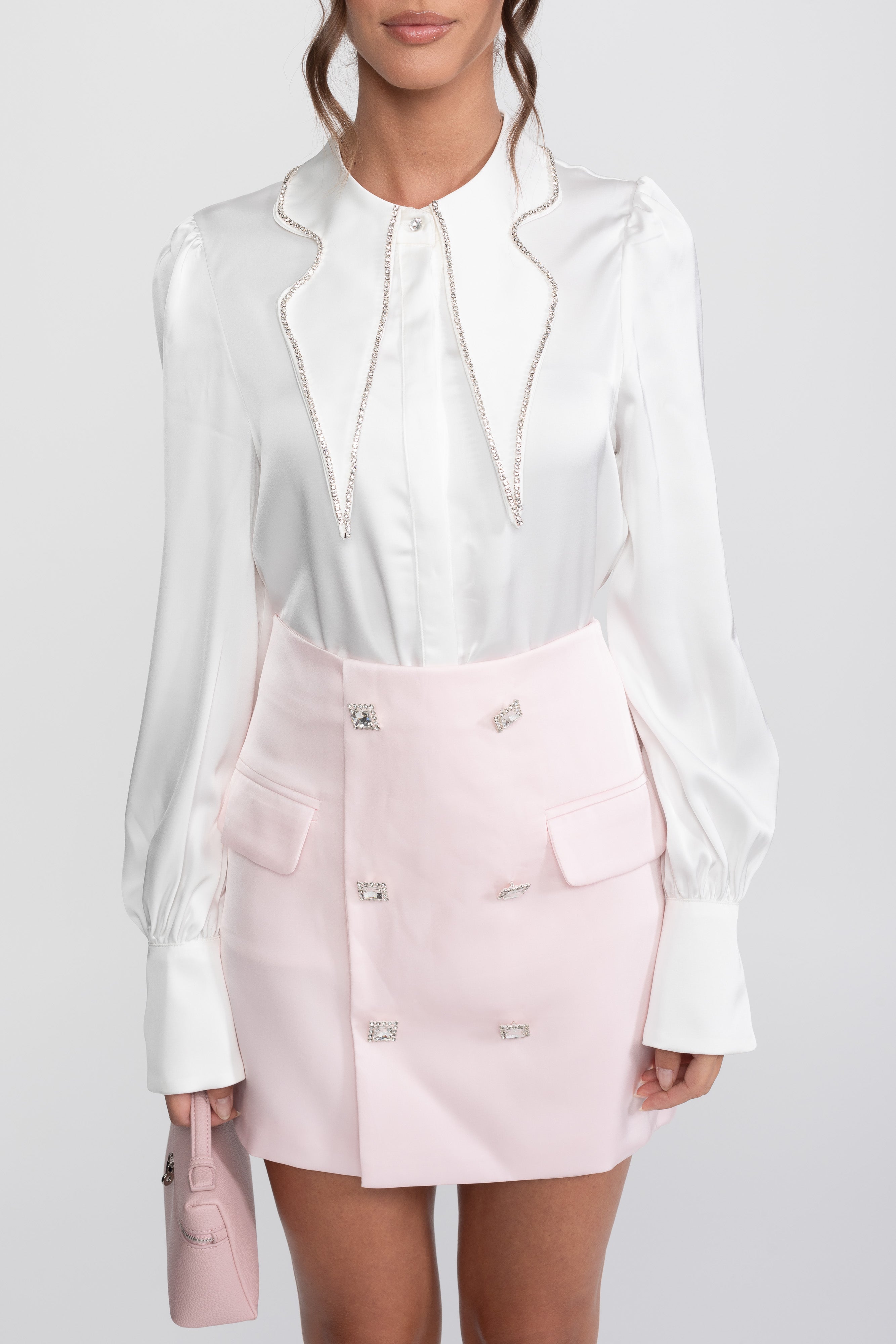 Crystal Collar Shirt And Contrasting Skirt Co-Ord Set- White / Pink